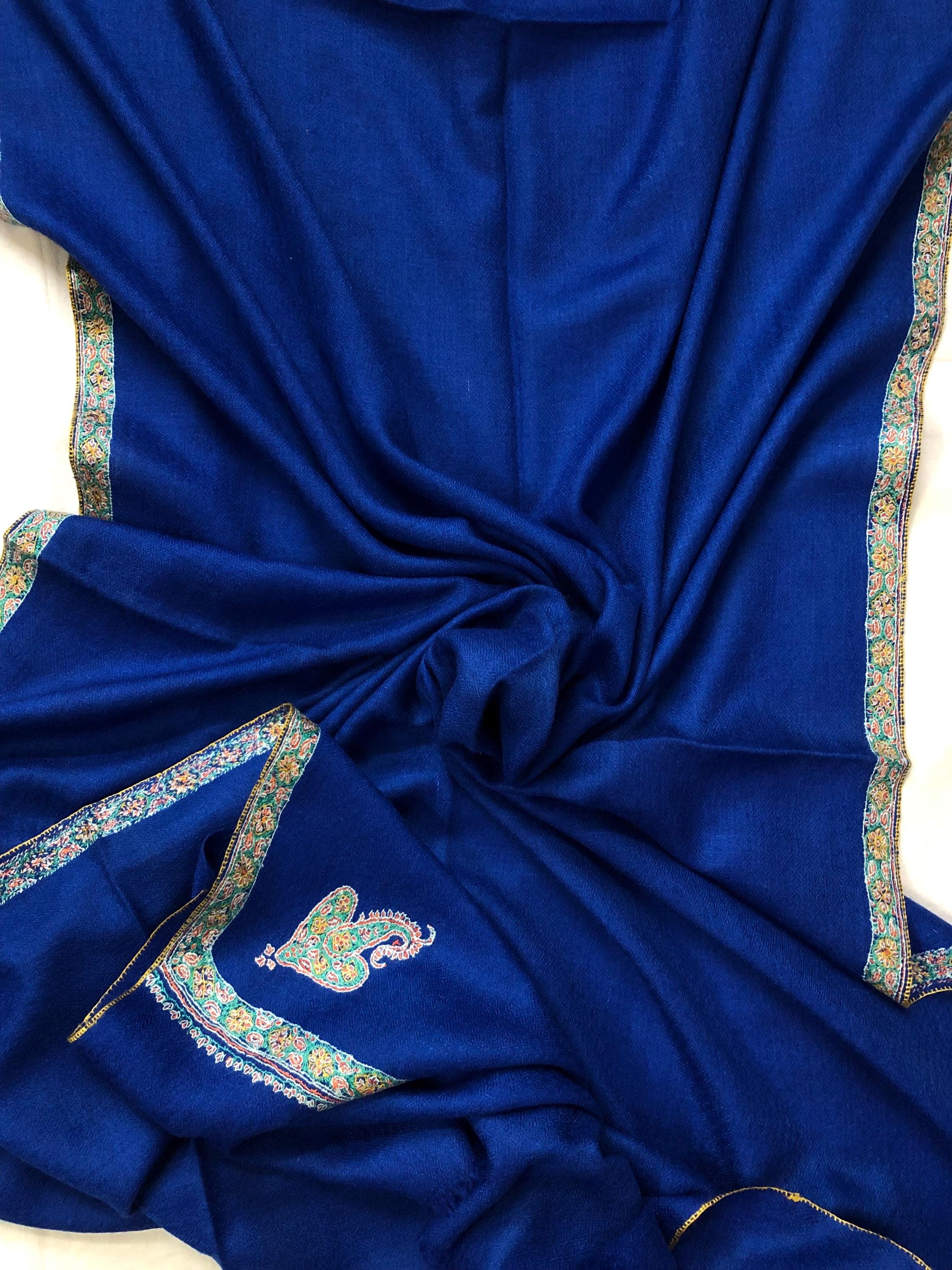Lapis Blue scarf Handmade Real Cashmere Pashmina Border Embroidered Stole Scarf Shawl - Mehraj Crafts 