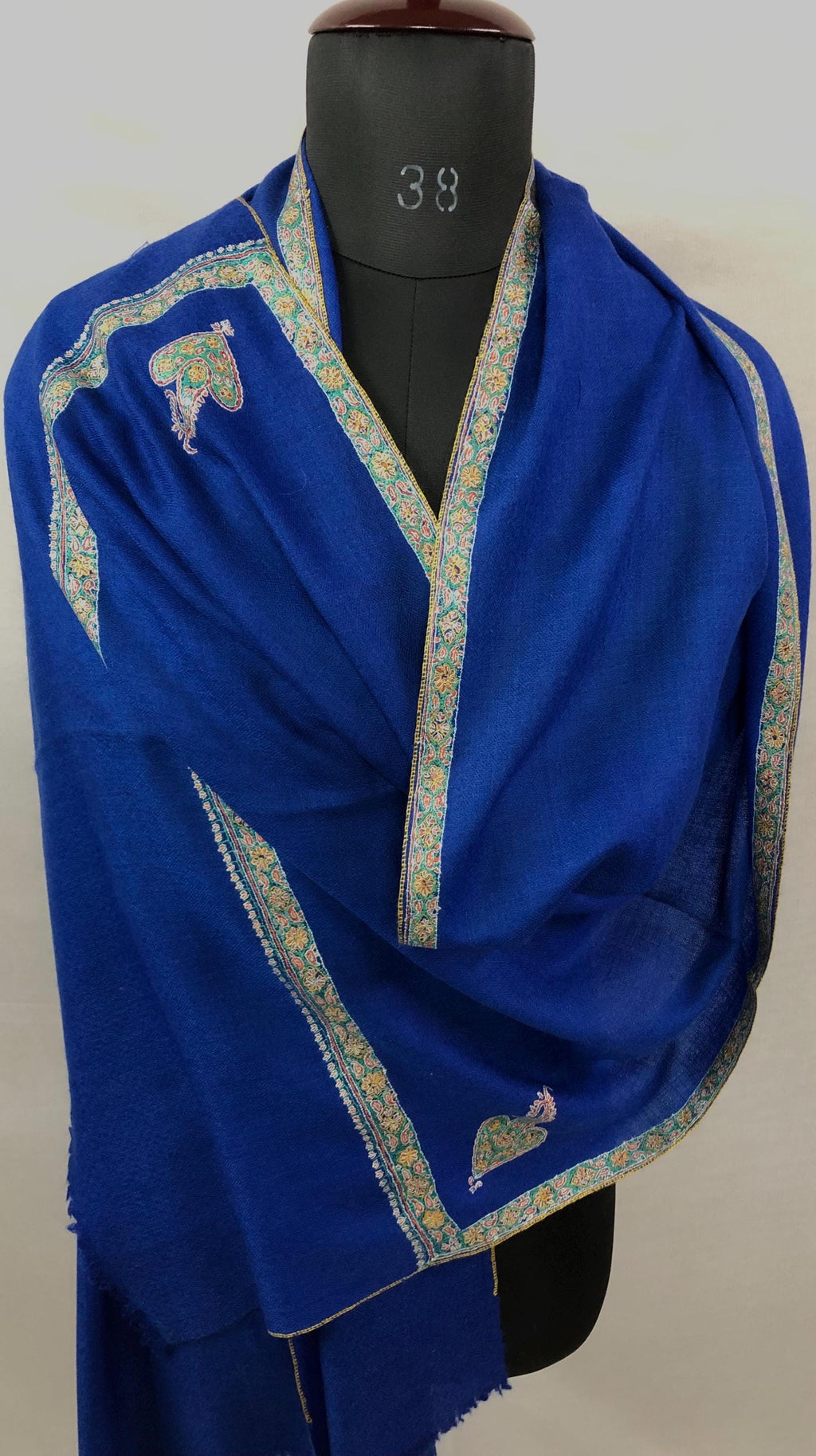 Lapis Blue scarf Handmade Real Cashmere Pashmina Border Embroidered Stole Scarf Shawl - Mehraj Crafts 