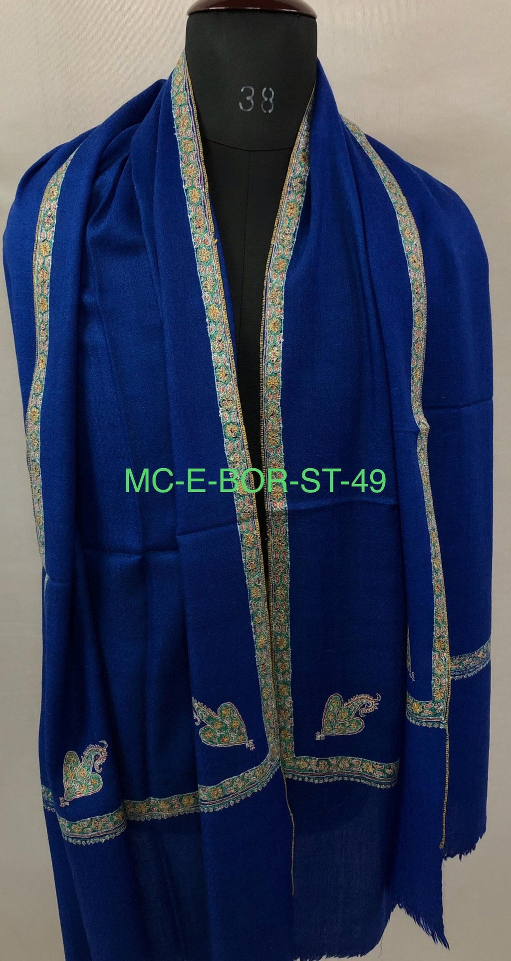 Lapis Blue scarf Handmade Real Cashmere Pashmina Border Embroidered Stole Scarf Shawl - Mehraj Crafts 