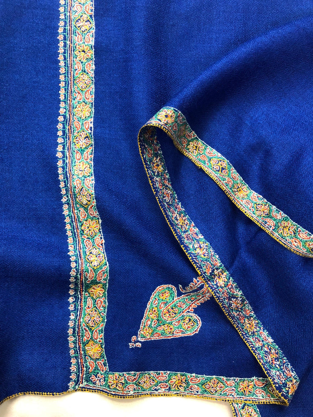 Lapis Blue scarf Handmade Real Cashmere Pashmina Border Embroidered Stole Scarf Shawl - Mehraj Crafts 