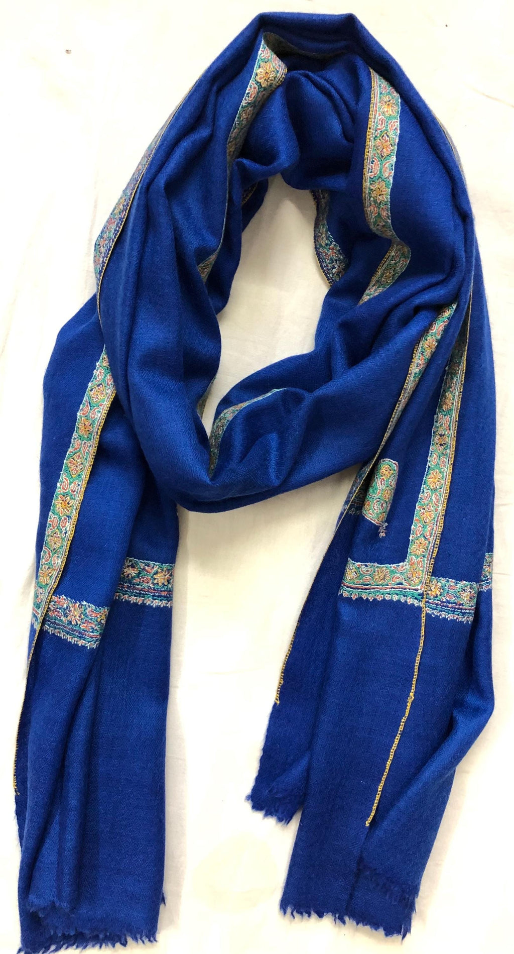 Lapis Blue scarf Handmade Real Cashmere Pashmina Border Embroidered Stole Scarf Shawl - Mehraj Crafts 