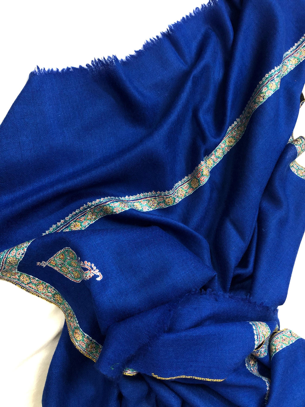 Lapis Blue scarf Handmade Real Cashmere Pashmina Border Embroidered Stole Scarf Shawl - Mehraj Crafts 