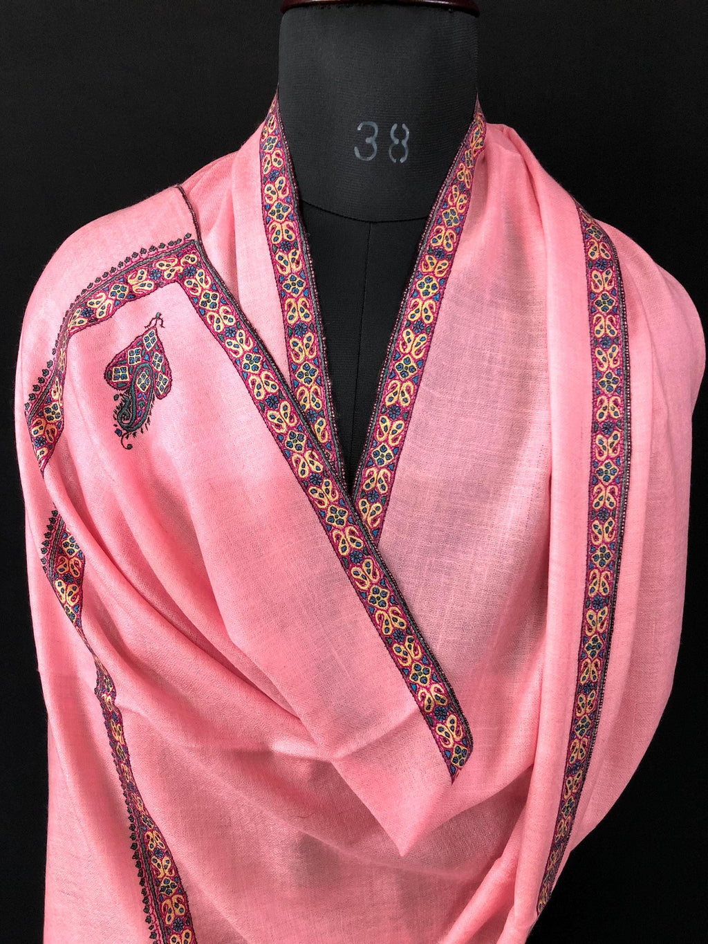 Almond blossom pink cashmere pashmina handmade Border Sozni Embroidered Stole Scarf - Mehraj Crafts 