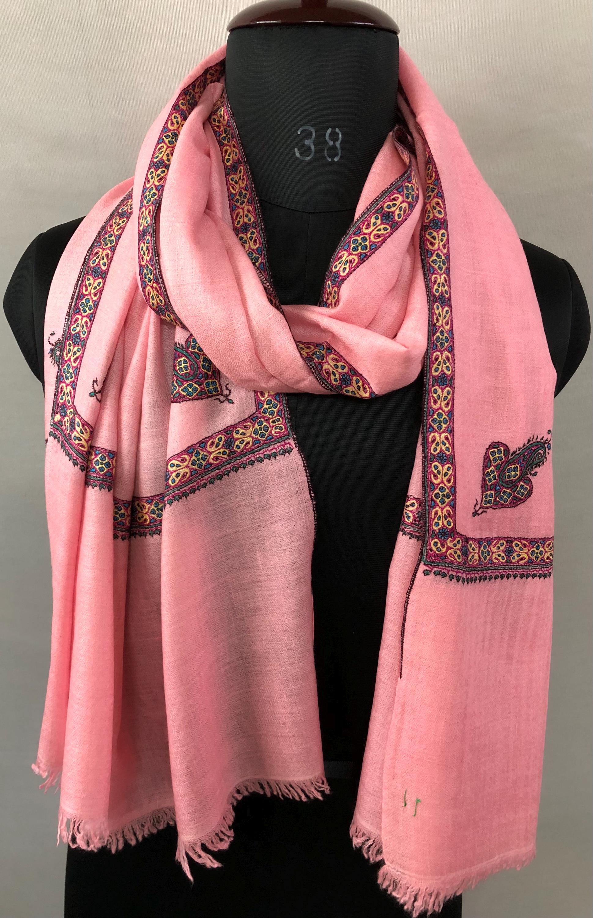Almond blossom pink cashmere pashmina handmade Border Sozni Embroidered Stole Scarf - Mehraj Crafts 
