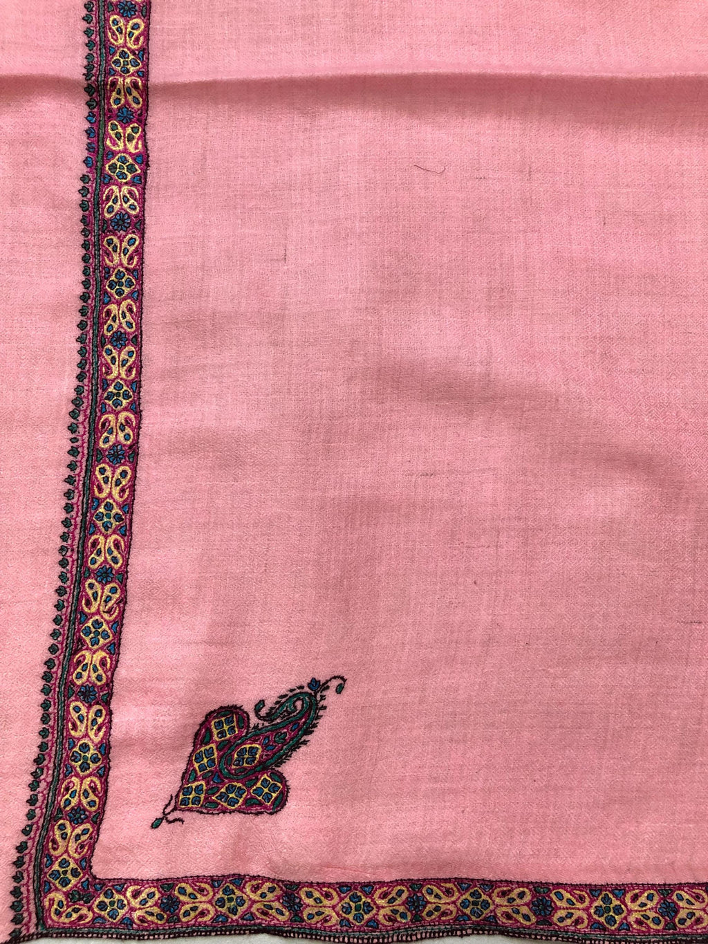 Almond blossom pink cashmere pashmina handmade Border Sozni Embroidered Stole Scarf - Mehraj Crafts 