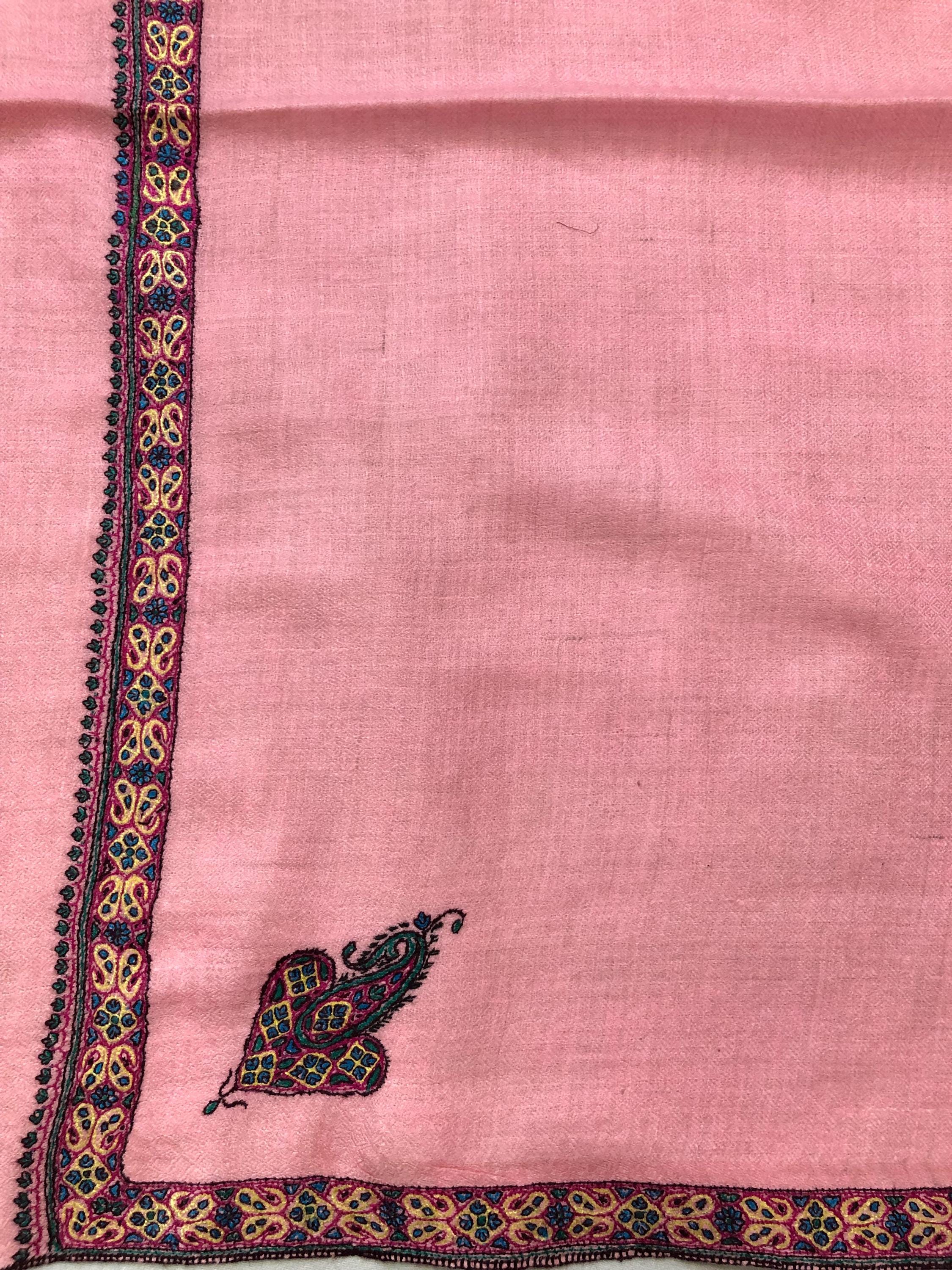 Almond blossom pink cashmere pashmina handmade Border Sozni Embroidered Stole Scarf - Mehraj Crafts 