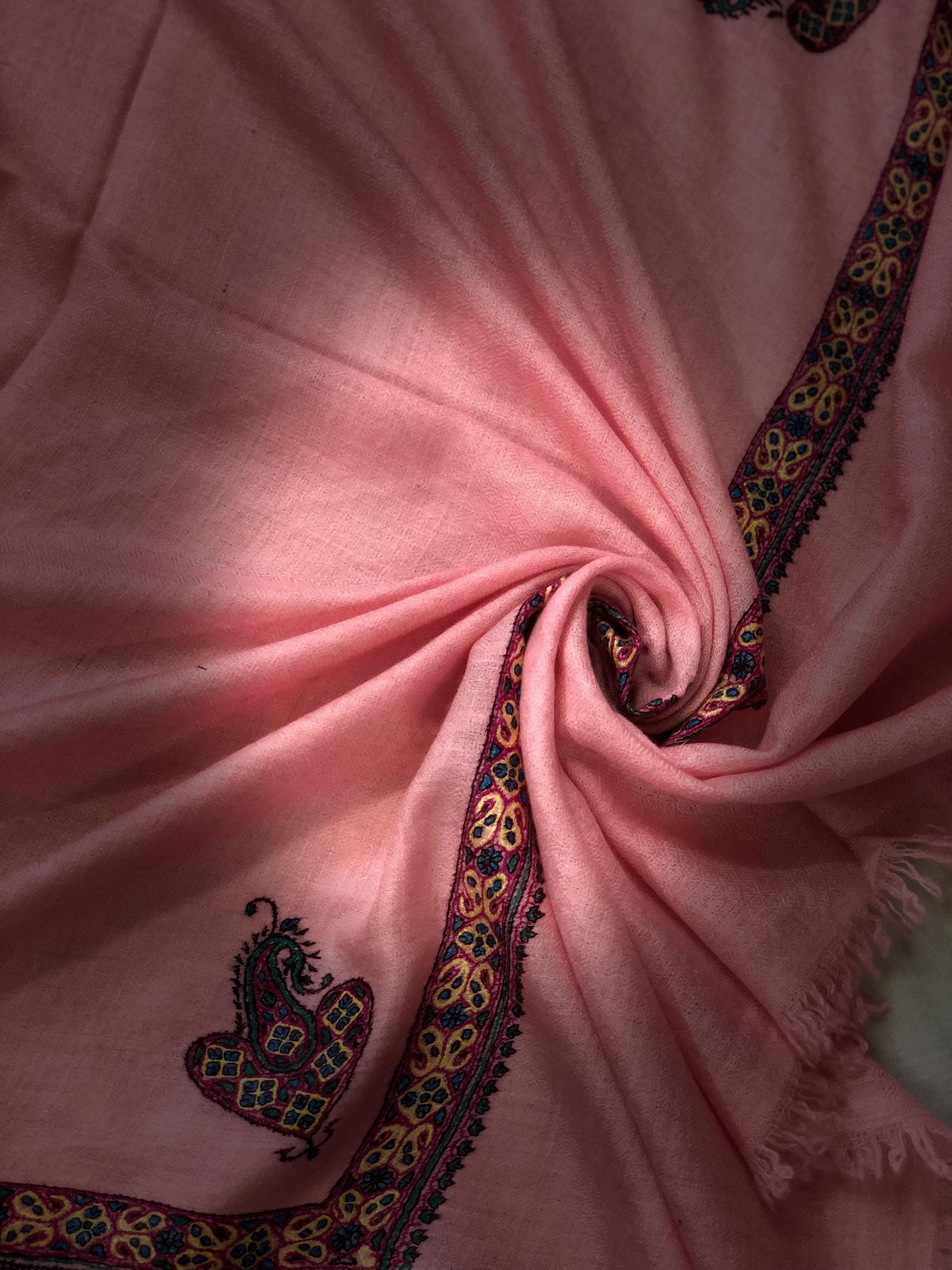 Almond blossom pink cashmere pashmina handmade Border Sozni Embroidered Stole Scarf - Mehraj Crafts 