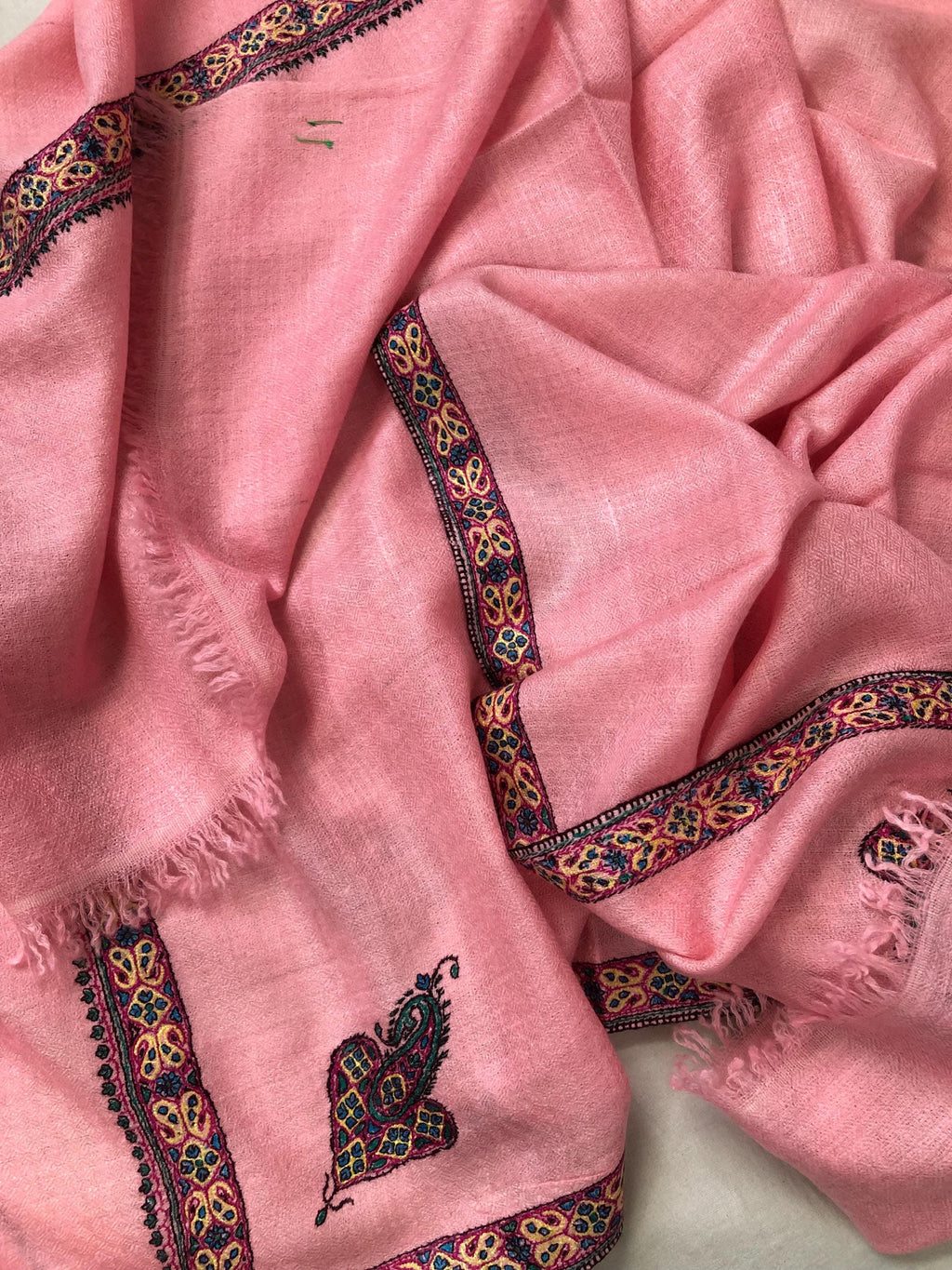 Almond blossom pink cashmere pashmina handmade Border Sozni Embroidered Stole Scarf - Mehraj Crafts 
