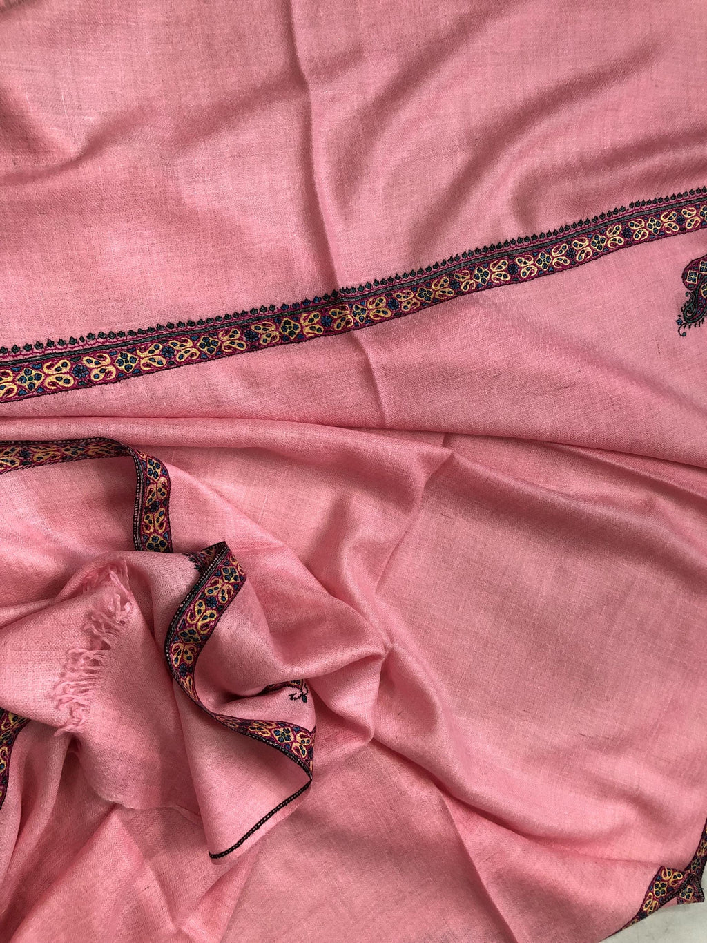 Almond blossom pink cashmere pashmina handmade Border Sozni Embroidered Stole Scarf - Mehraj Crafts 