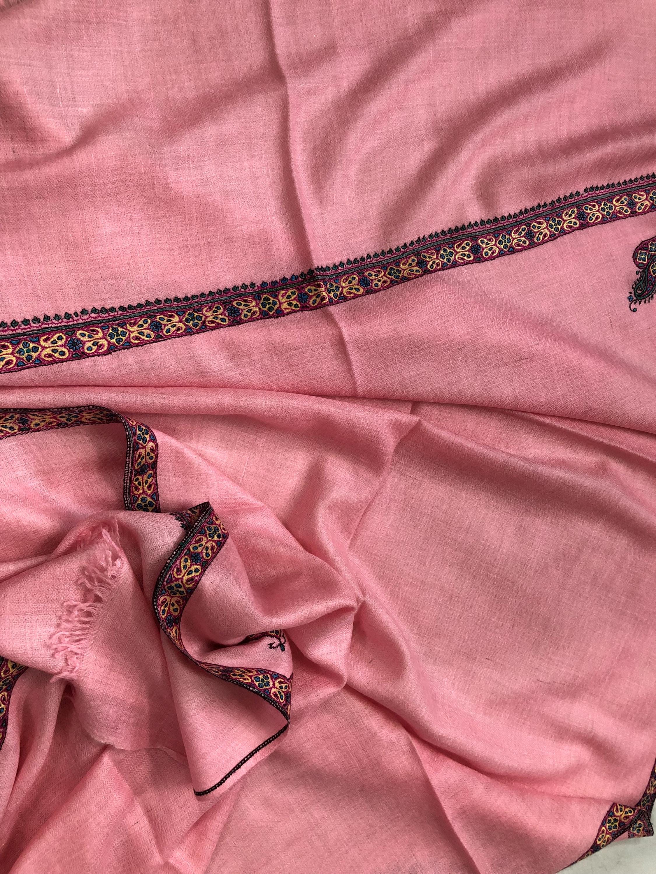 Almond blossom pink cashmere pashmina handmade Border Sozni Embroidered Stole Scarf - Mehraj Crafts 
