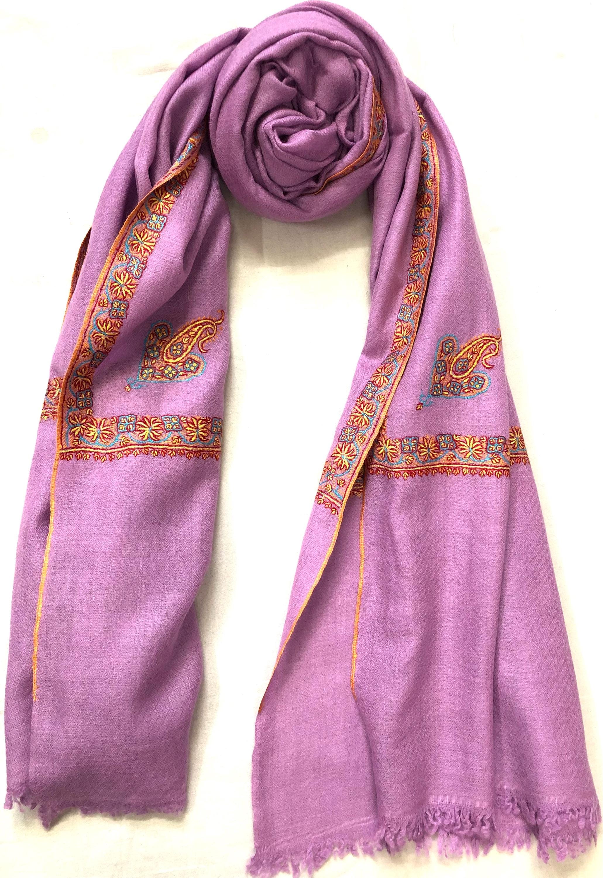 Crocus petal Micro Fine Sozni Hand Embroidered Border Handwoven Real Cashmere Pashmina Stole Scarf Shawl - Mehraj Crafts 