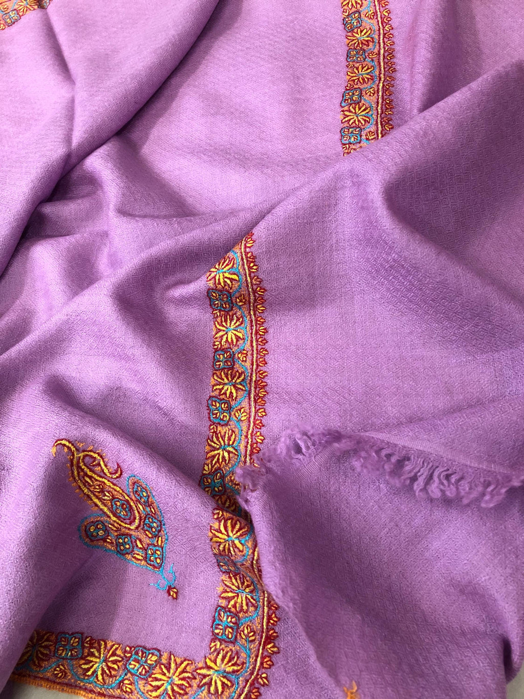 Crocus petal Micro Fine Sozni Hand Embroidered Border Handwoven Real Cashmere Pashmina Stole Scarf Shawl - Mehraj Crafts 
