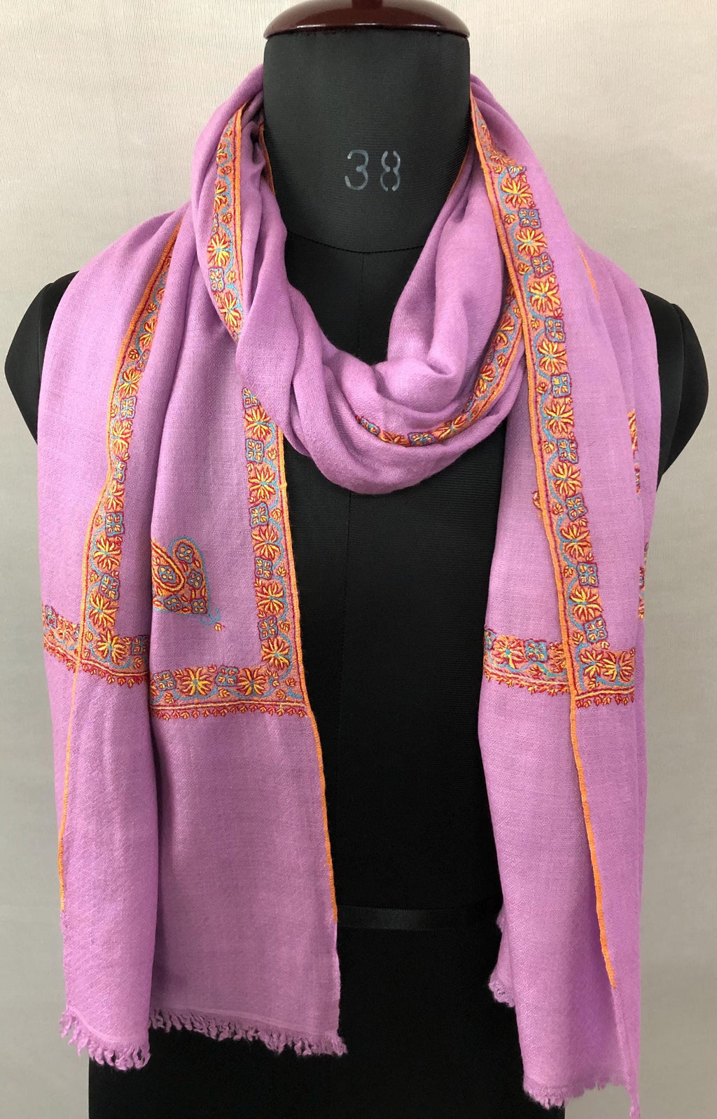 Handwoven Cashmere Pashmina Stole: Sozni Embroidered Border, Purple