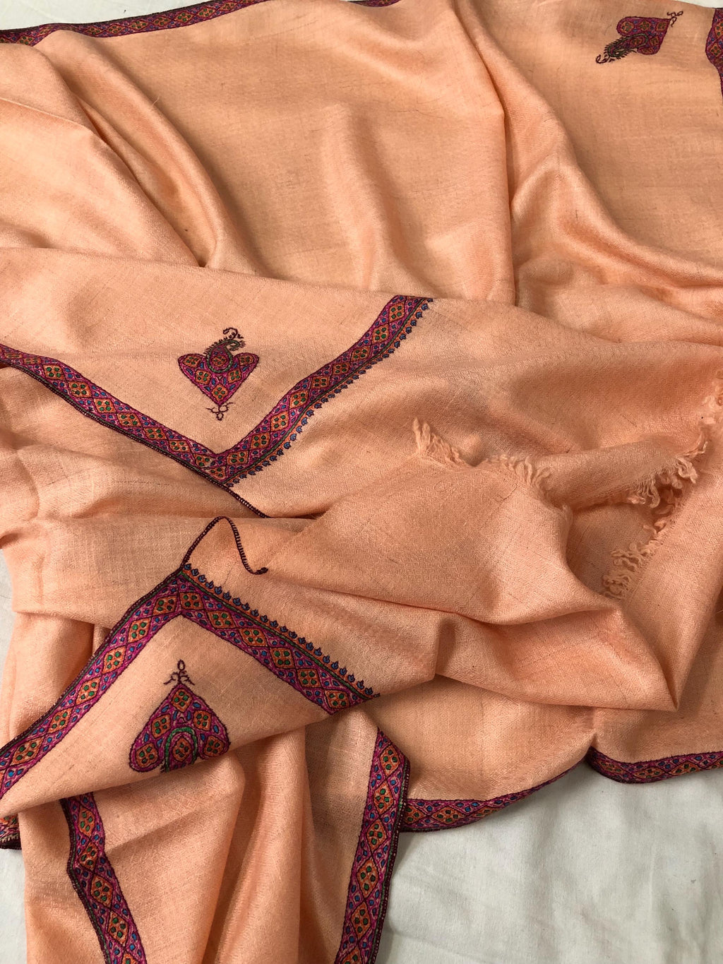 Pale Peach Super Fine Hand Embroidered Border Handwoven Real Cashmere Pashmina Stole Scarf Shawl - Mehraj Crafts 