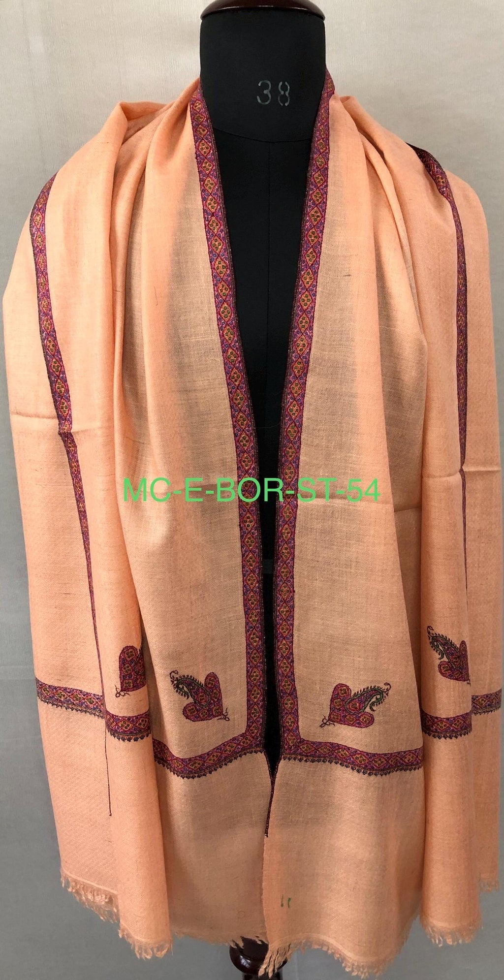 Pale Peach Super Fine Hand Embroidered Border Handwoven Real Cashmere Pashmina Stole Scarf Shawl - Mehraj Crafts 