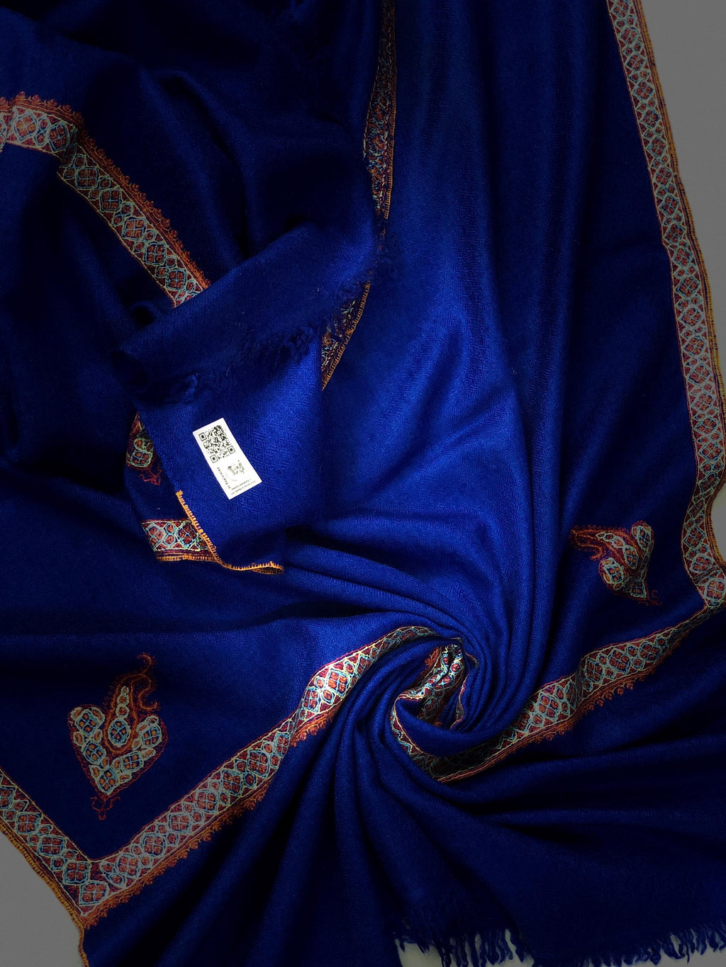 GI Sozani Pashmina Dazzling Blue Super Fine Hand Embroidered Border Handwoven Real Cashmere Pashmina Stole Scarf Shawl - Mehraj Crafts 