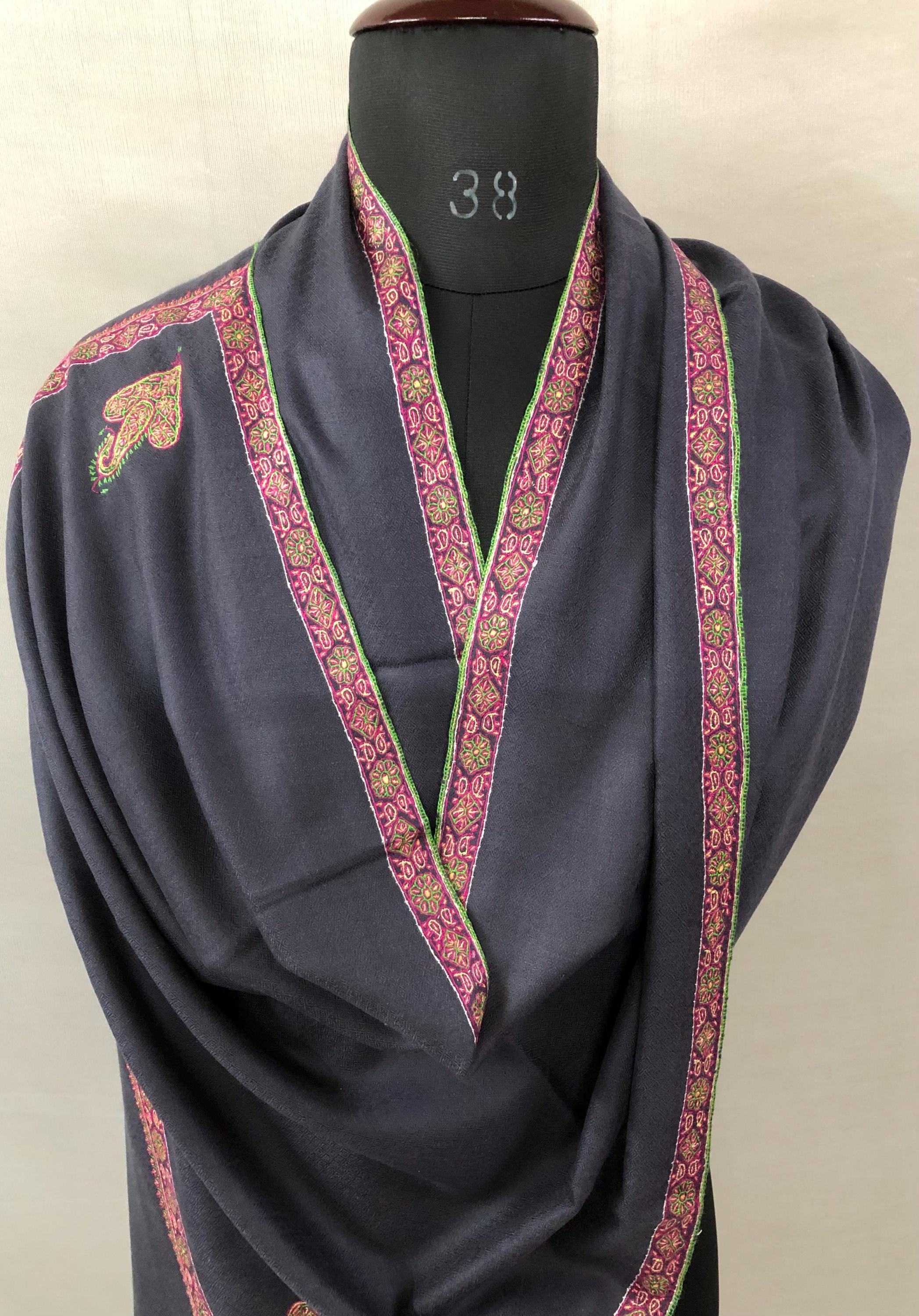 GI Sozani Certified Kashmir Pashmina Dark Bluish Grey Super Fine Hand Embroidered Border Handwoven Real Cashmere Pashmina Scarf - Mehraj Crafts 