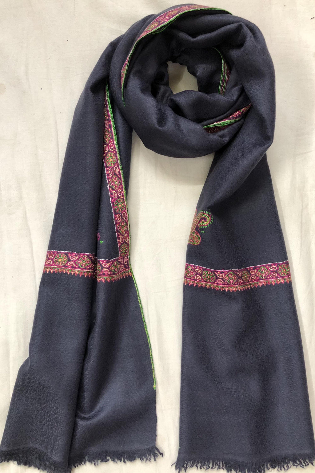 GI Sozani Certified Kashmir Pashmina Dark Bluish Grey Super Fine Hand Embroidered Border Handwoven Real Cashmere Pashmina Scarf - Mehraj Crafts 
