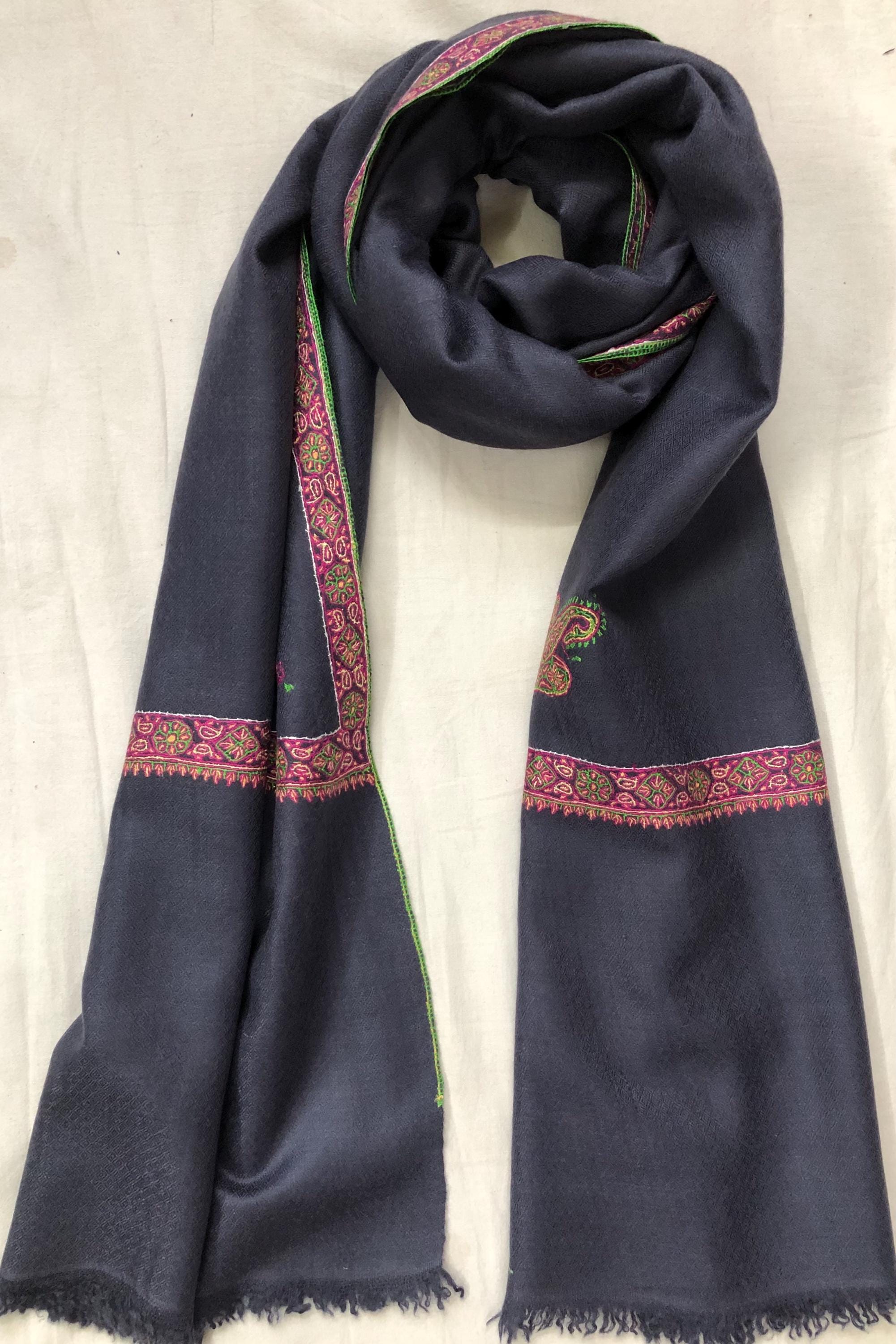 GI Sozani Certified Kashmir Pashmina Dark Bluish Grey Super Fine Hand Embroidered Border Handwoven Real Cashmere Pashmina Scarf - Mehraj Crafts 