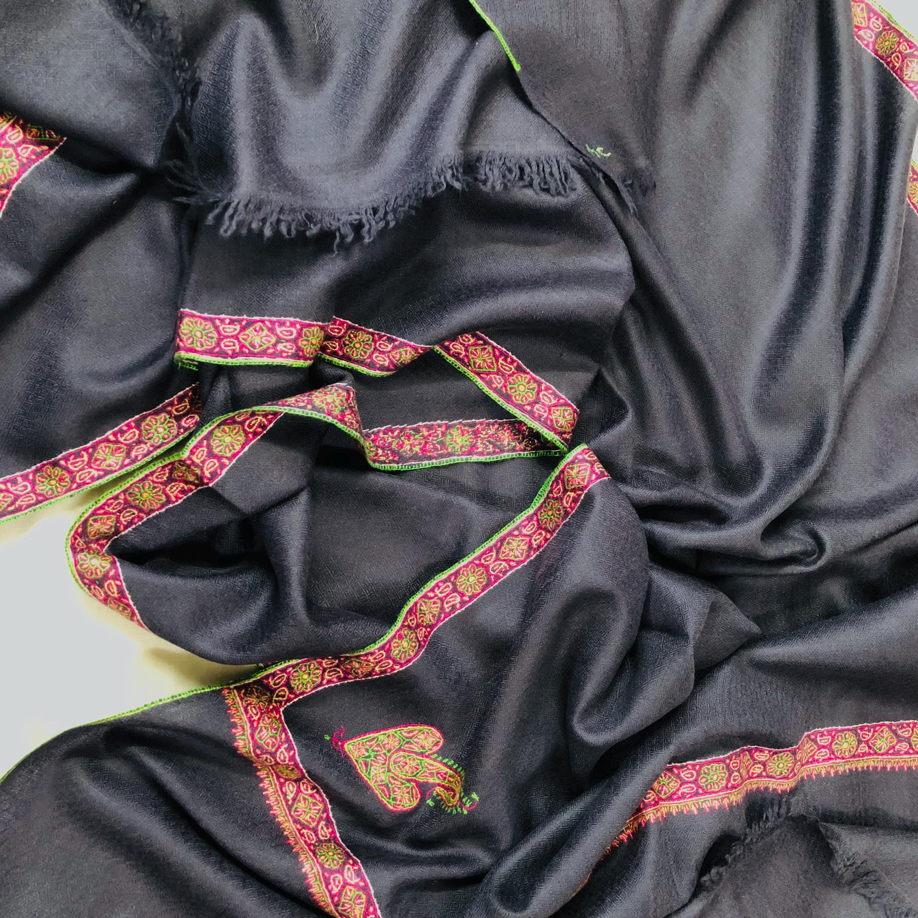 GI Sozani Certified Kashmir Pashmina Dark Bluish Grey Super Fine Hand Embroidered Border Handwoven Real Cashmere Pashmina Scarf - Mehraj Crafts 