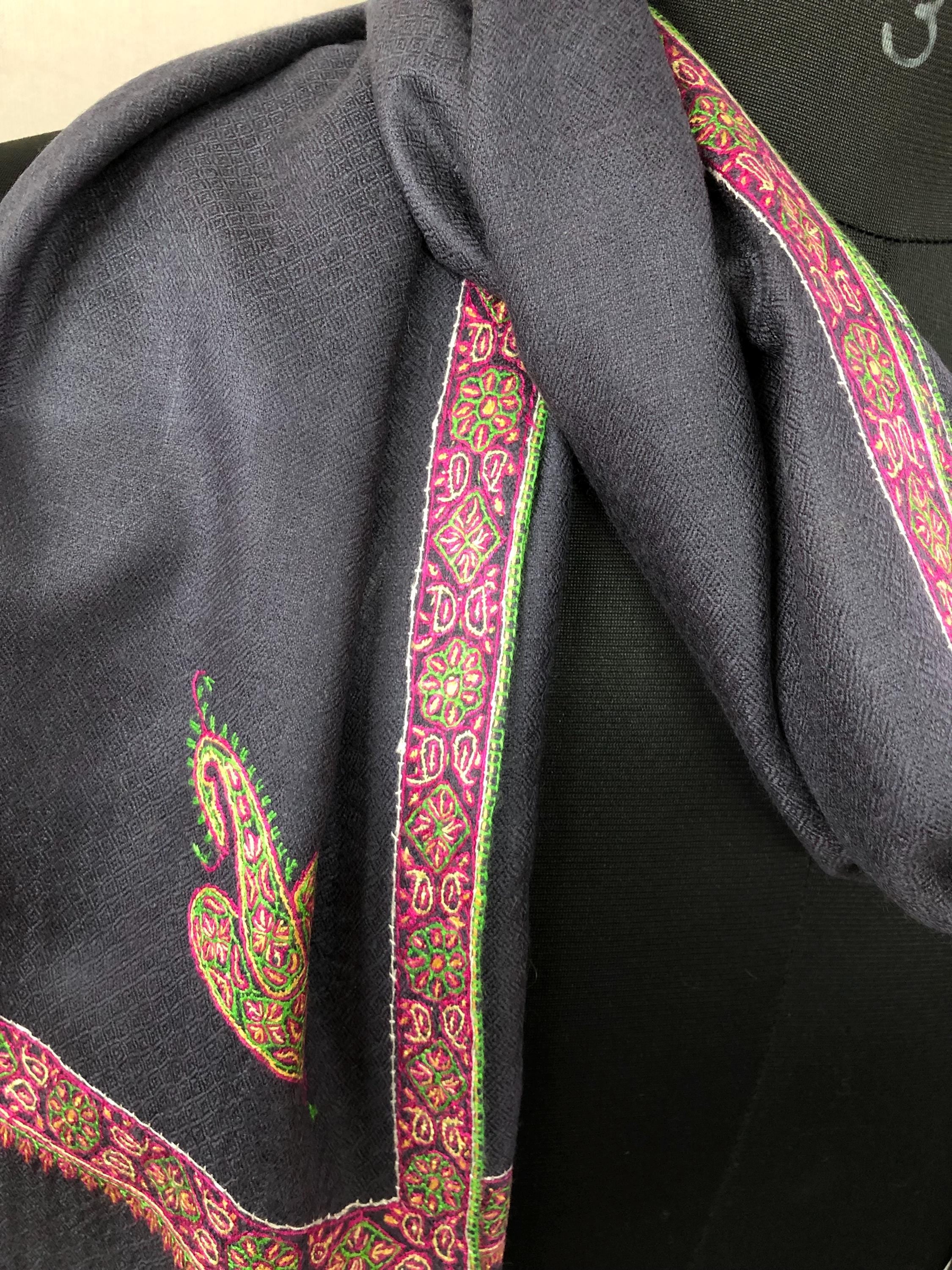 GI Sozani Certified Kashmir Pashmina Dark Bluish Grey Super Fine Hand Embroidered Border Handwoven Real Cashmere Pashmina Scarf - Mehraj Crafts 