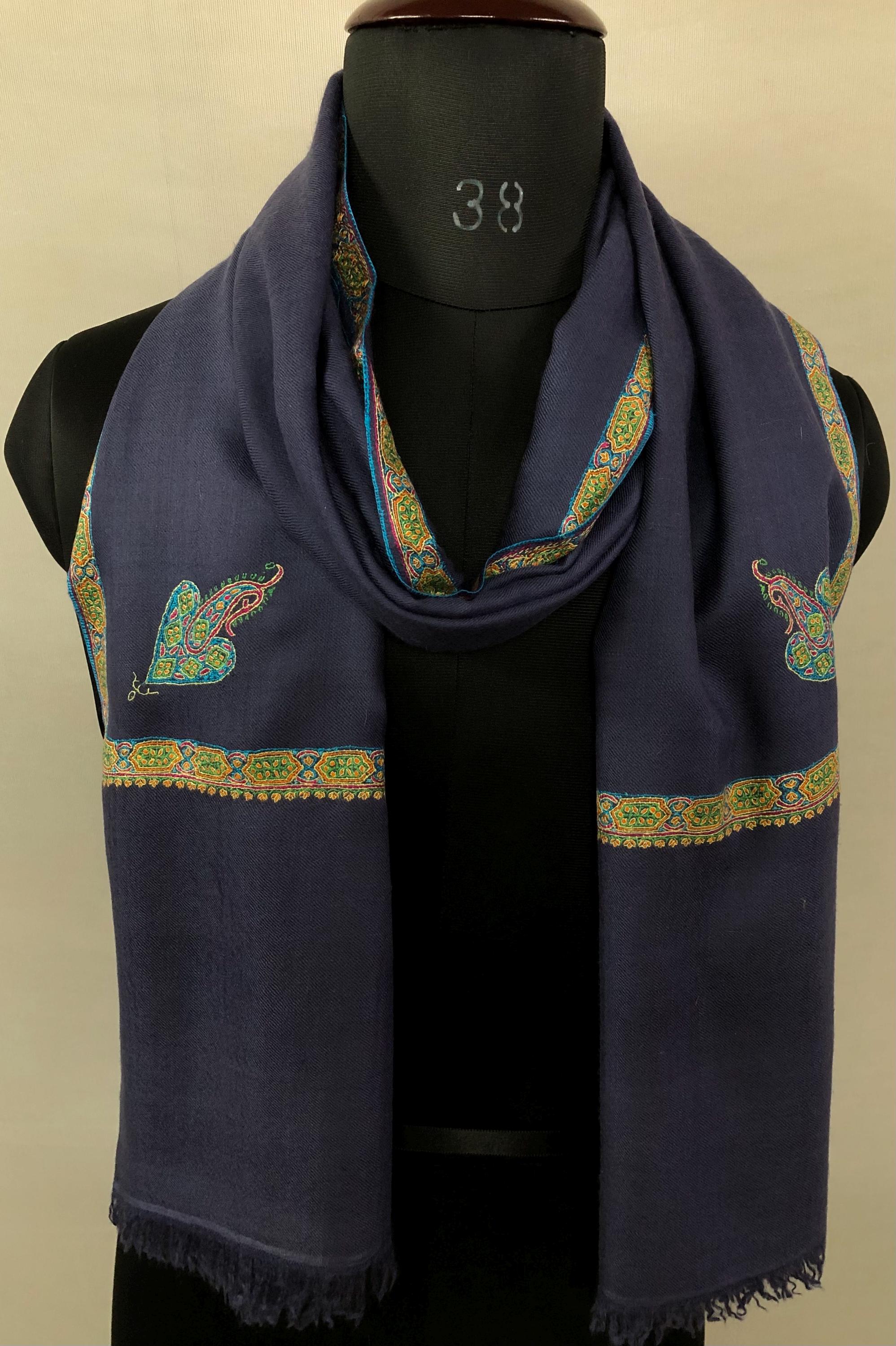 GI Sozani Certified Kashmir Pashmina Estate Blue Super Fine Hand Embroidered Border Handwoven Real Cashmere Pashmina Scarf - Mehraj Crafts 