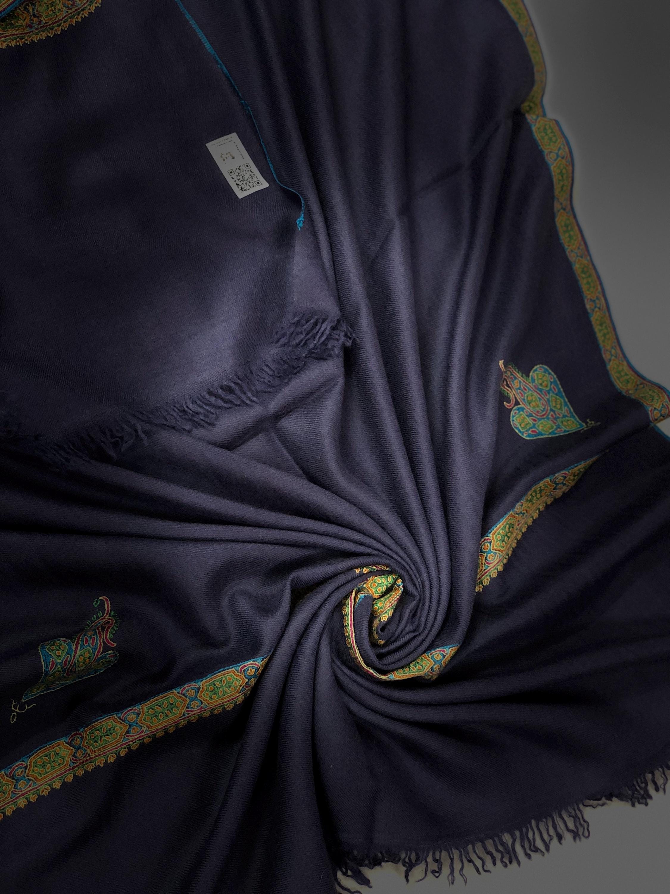 GI Sozani Certified Kashmir Pashmina Estate Blue Super Fine Hand Embroidered Border Handwoven Real Cashmere Pashmina Scarf - Mehraj Crafts 