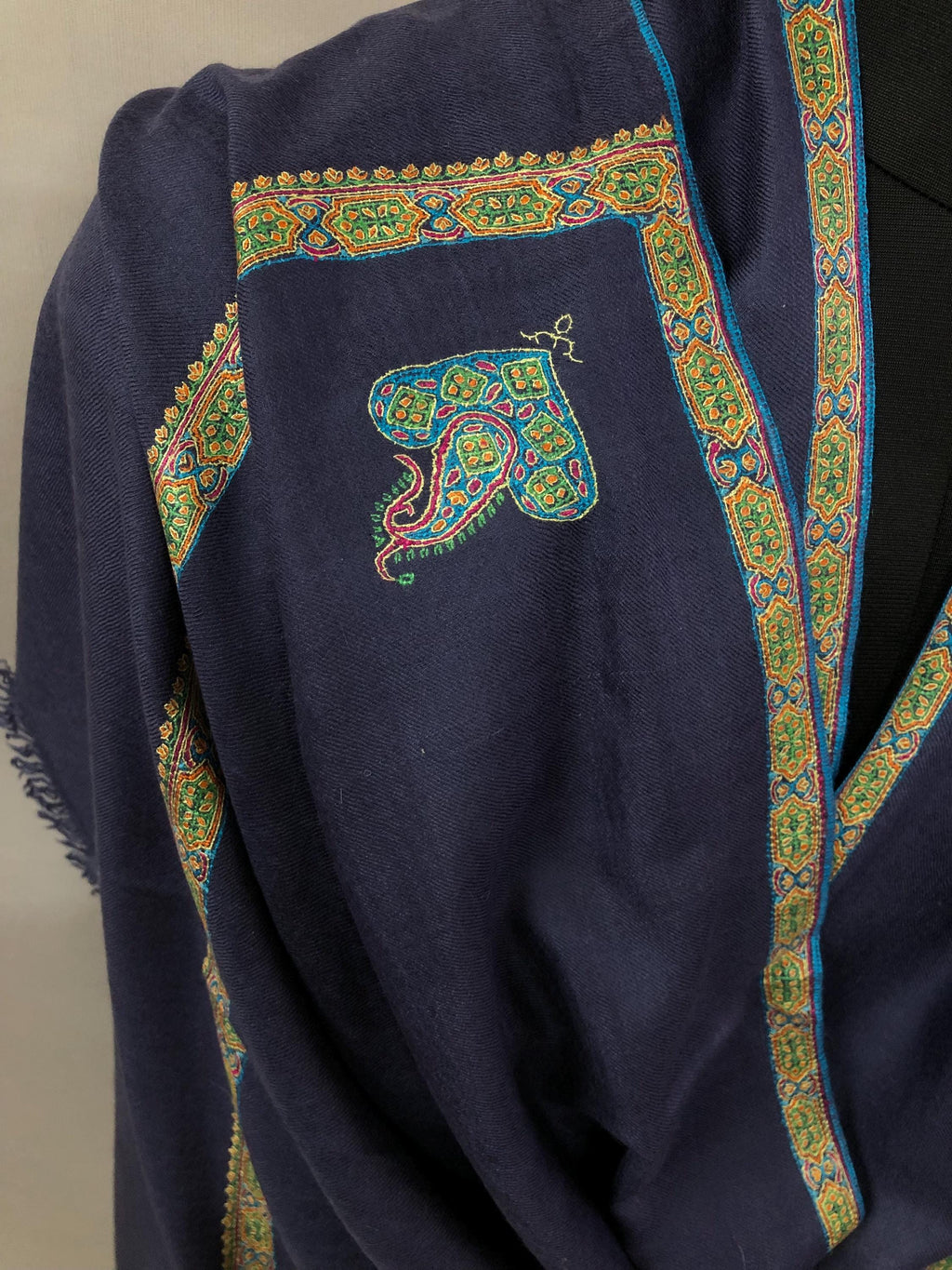 GI Sozani Certified Kashmir Pashmina Estate Blue Super Fine Hand Embroidered Border Handwoven Real Cashmere Pashmina Scarf - Mehraj Crafts 