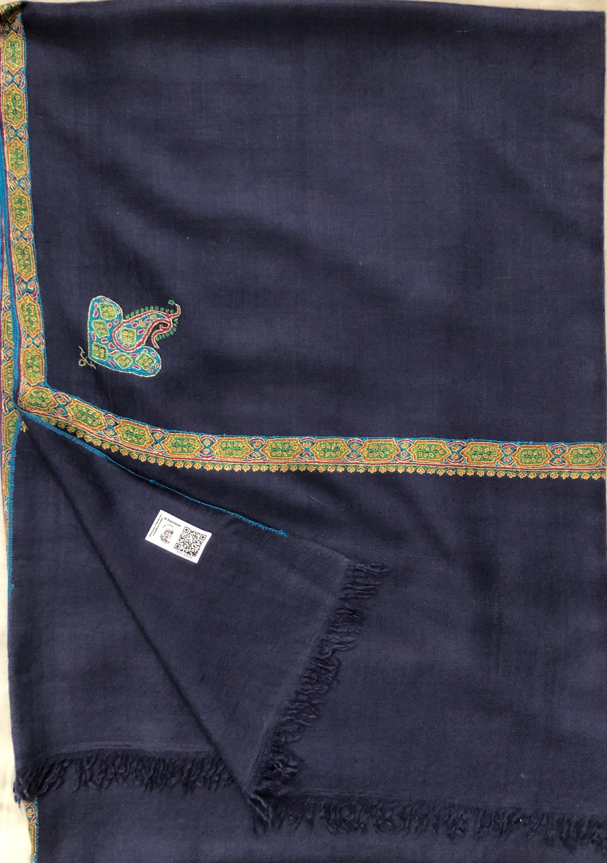 GI Sozani Certified Kashmir Pashmina Estate Blue Super Fine Hand Embroidered Border Handwoven Real Cashmere Pashmina Scarf - Mehraj Crafts 