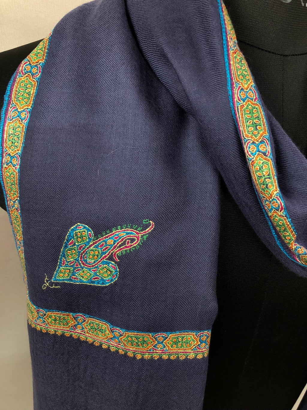 GI Sozani Certified Kashmir Pashmina Estate Blue Super Fine Hand Embroidered Border Handwoven Real Cashmere Pashmina Scarf - Mehraj Crafts 