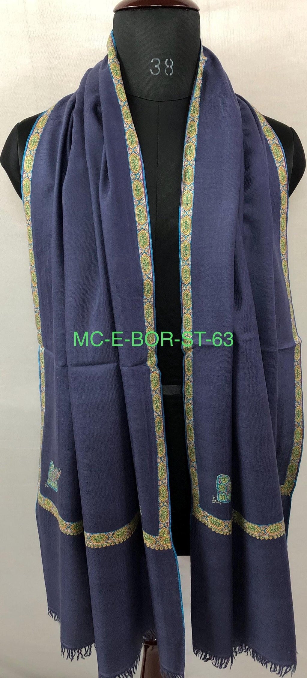 GI Sozani Certified Kashmir Pashmina Estate Blue Super Fine Hand Embroidered Border Handwoven Real Cashmere Pashmina Scarf - Mehraj Crafts 