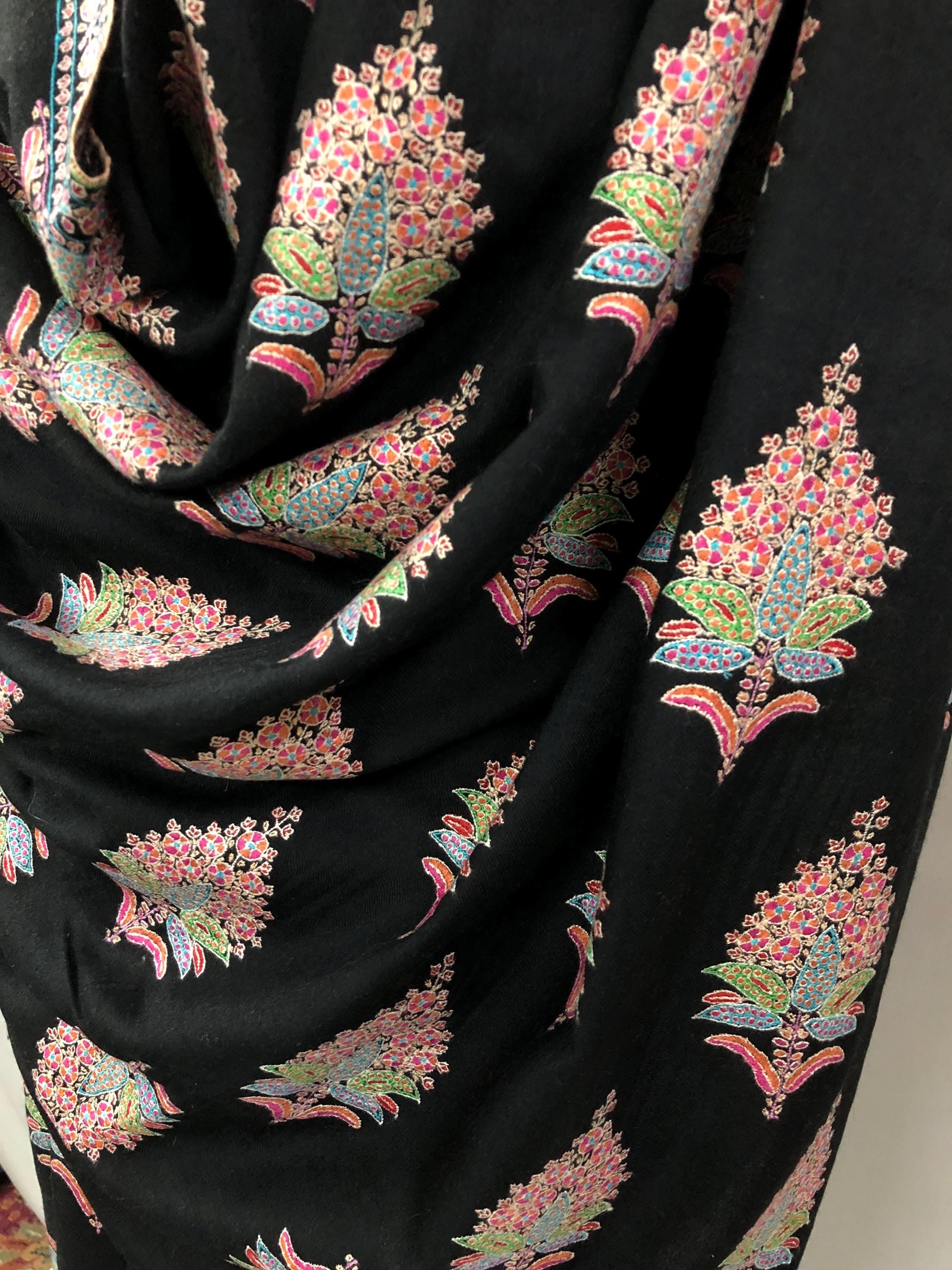 Whispering threads black super micro fine handcrafted grand jamawar embroidered GI Sozani certified kashmir pashmina LARGE shawl - Mehraj Crafts 
