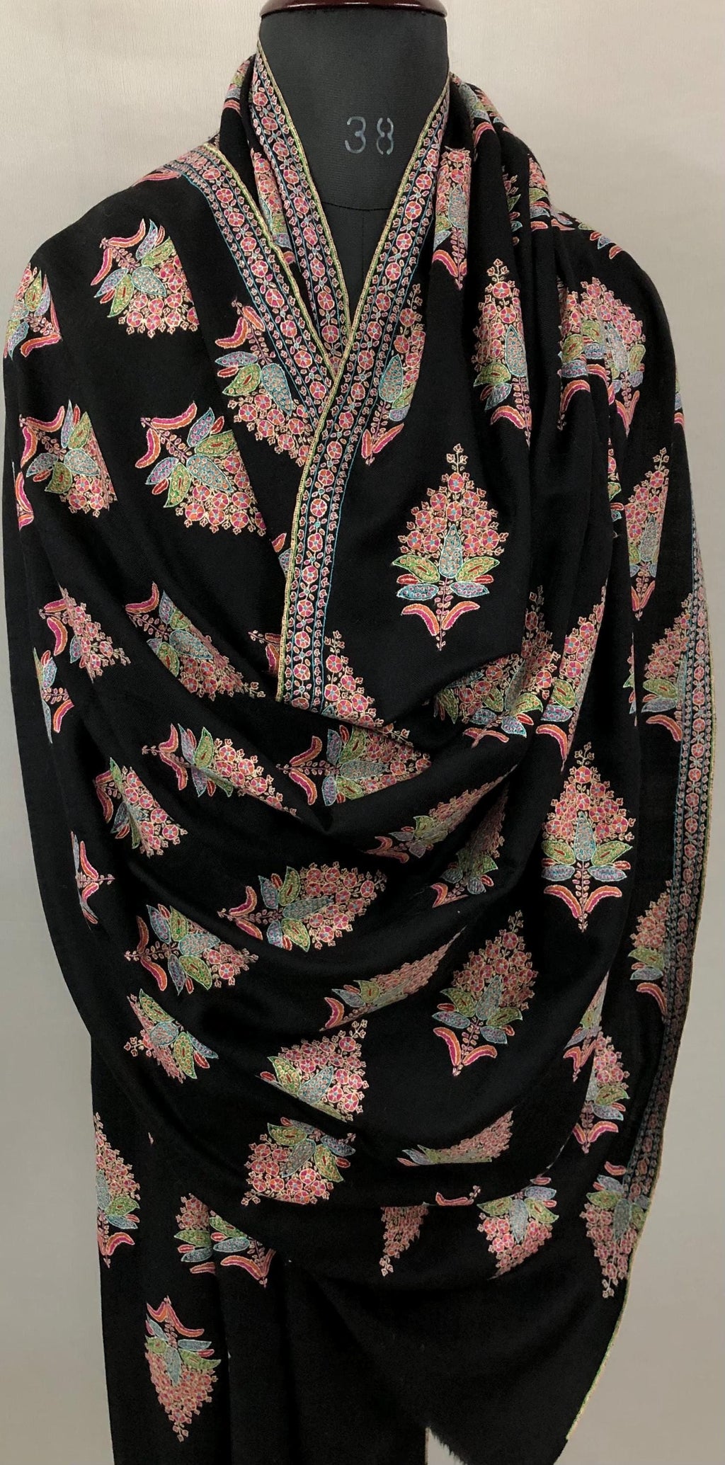 Whispering threads black super micro fine handcrafted grand jamawar embroidered GI Sozani certified kashmir pashmina LARGE shawl - Mehraj Crafts 