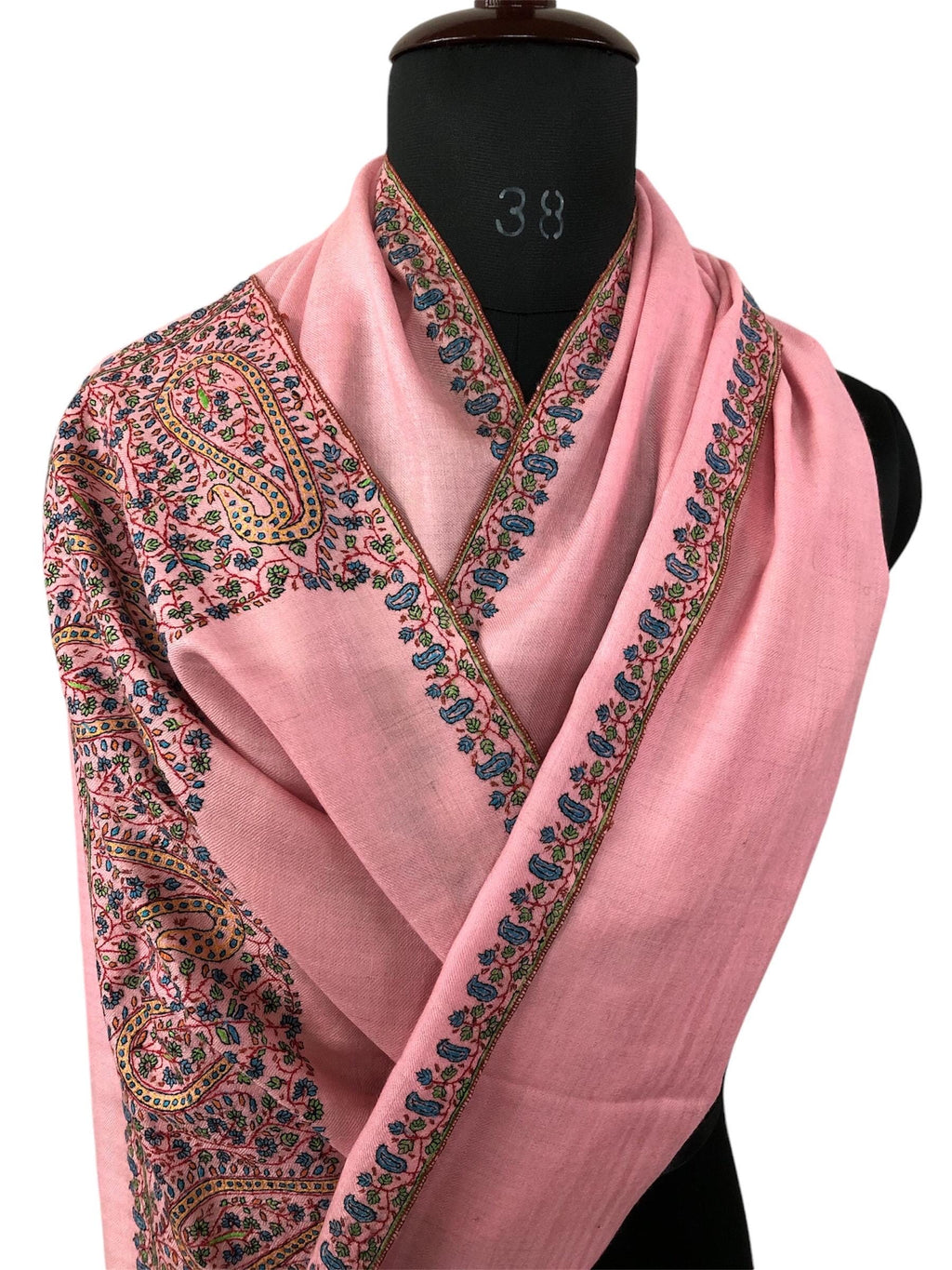 Blush elegance baby pink embroidered pashmina scarf, gift for her, winter scarf, cashmere wool scarf, warm and luxurious wrap - Mehraj Crafts 