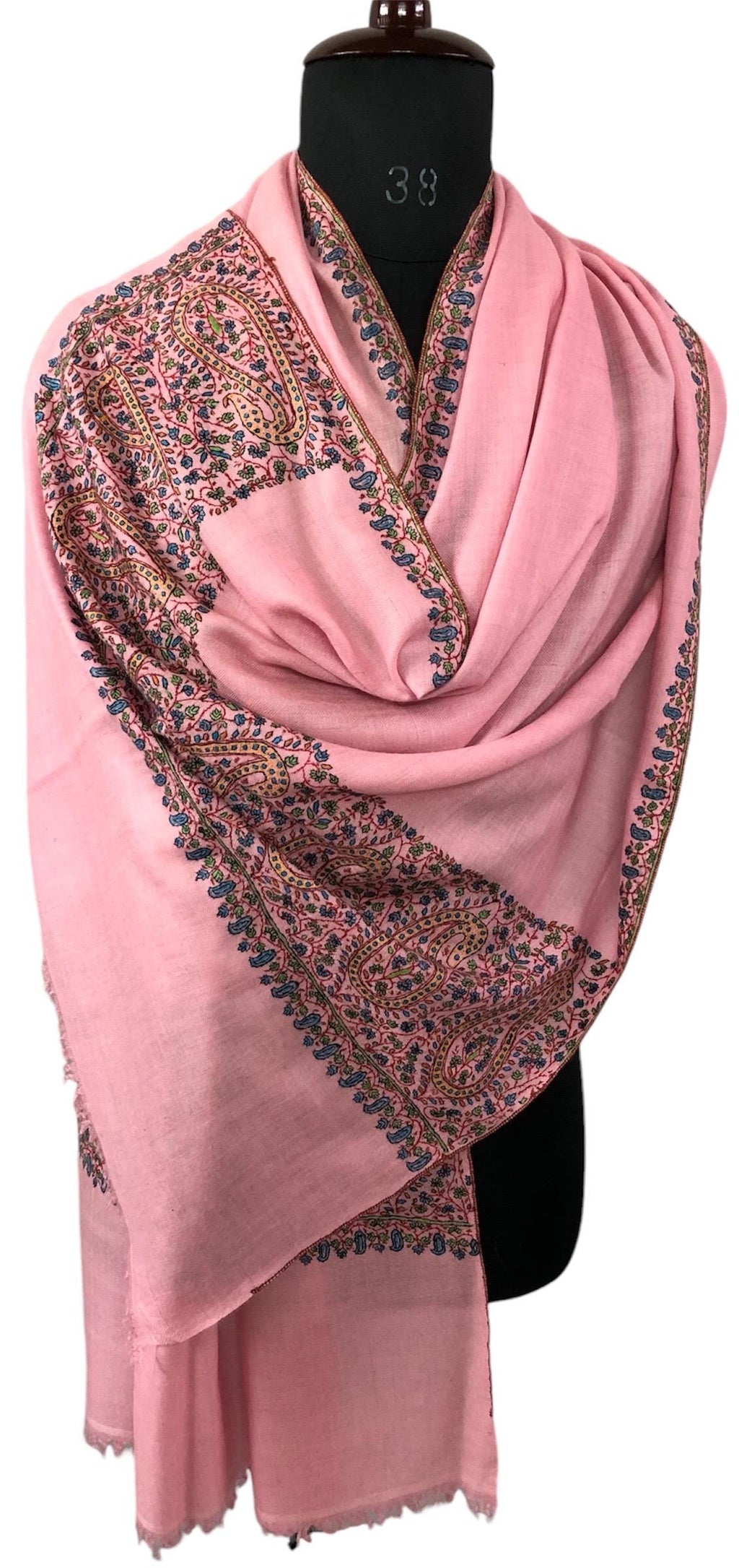 Blush elegance baby pink embroidered pashmina scarf, gift for her, winter scarf, cashmere wool scarf, warm and luxurious wrap - Mehraj Crafts 
