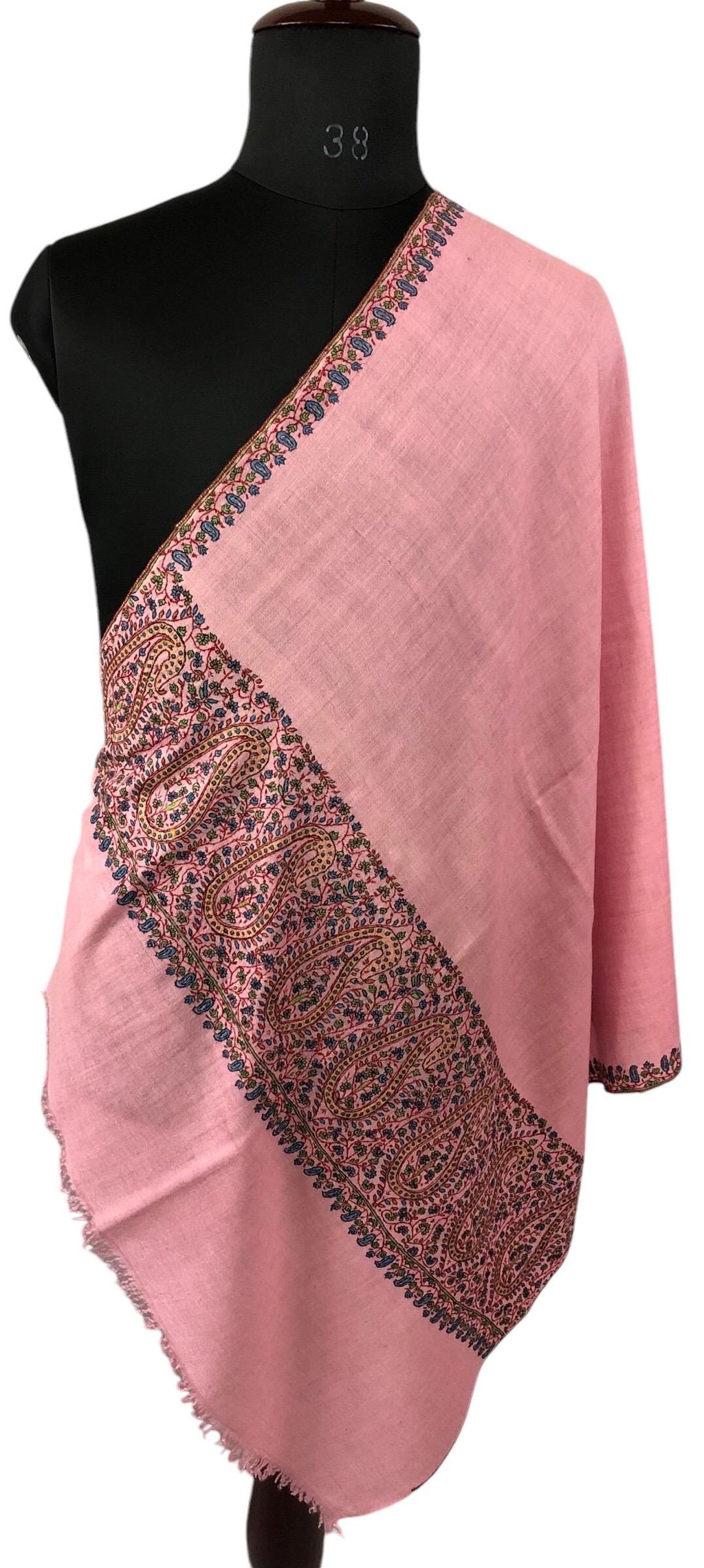 Blush elegance baby pink embroidered pashmina scarf, gift for her, winter scarf, cashmere wool scarf, warm and luxurious wrap - Mehraj Crafts 