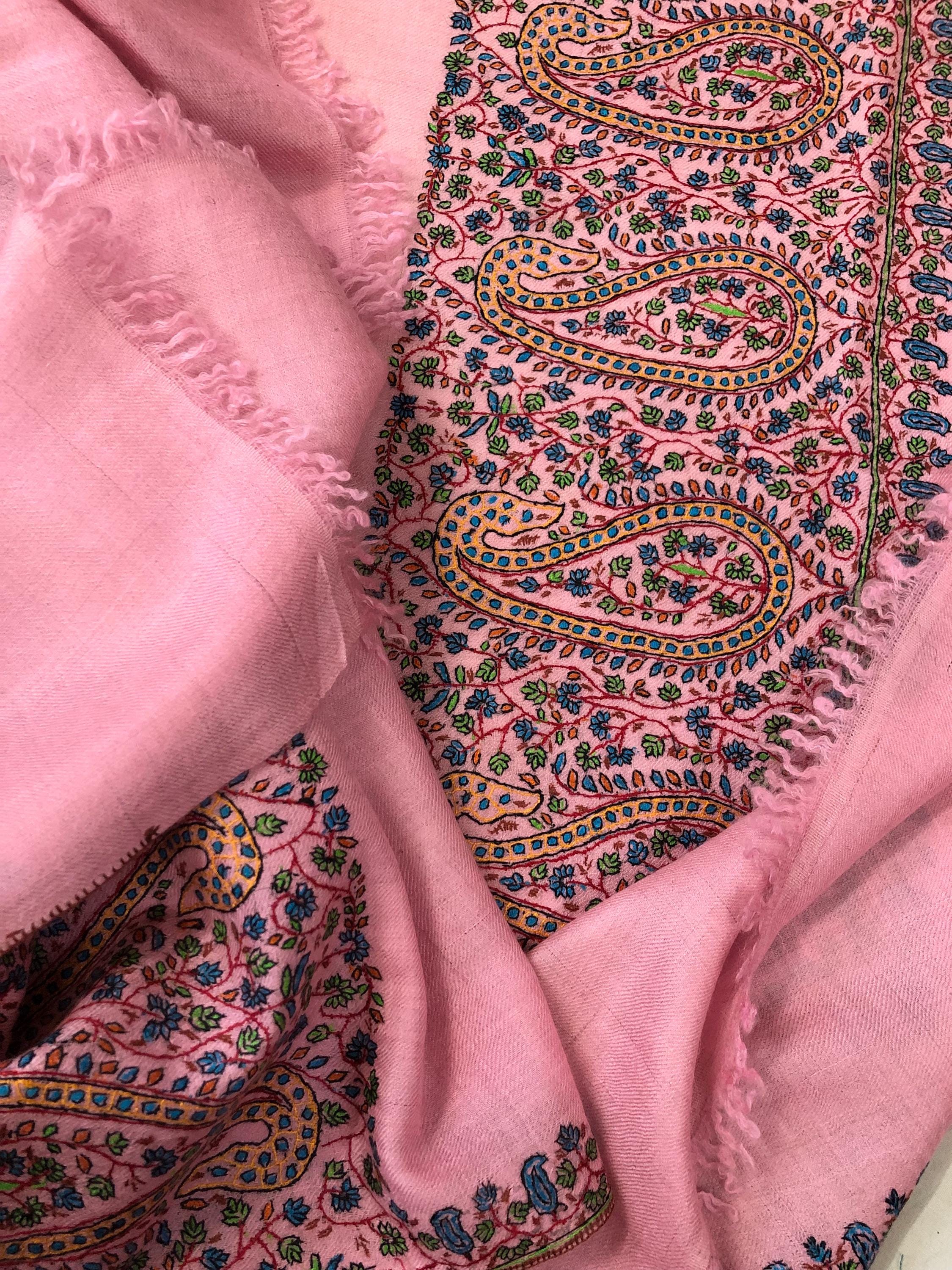 Blush elegance baby pink embroidered pashmina scarf, gift for her, winter scarf, cashmere wool scarf, warm and luxurious wrap - Mehraj Crafts 