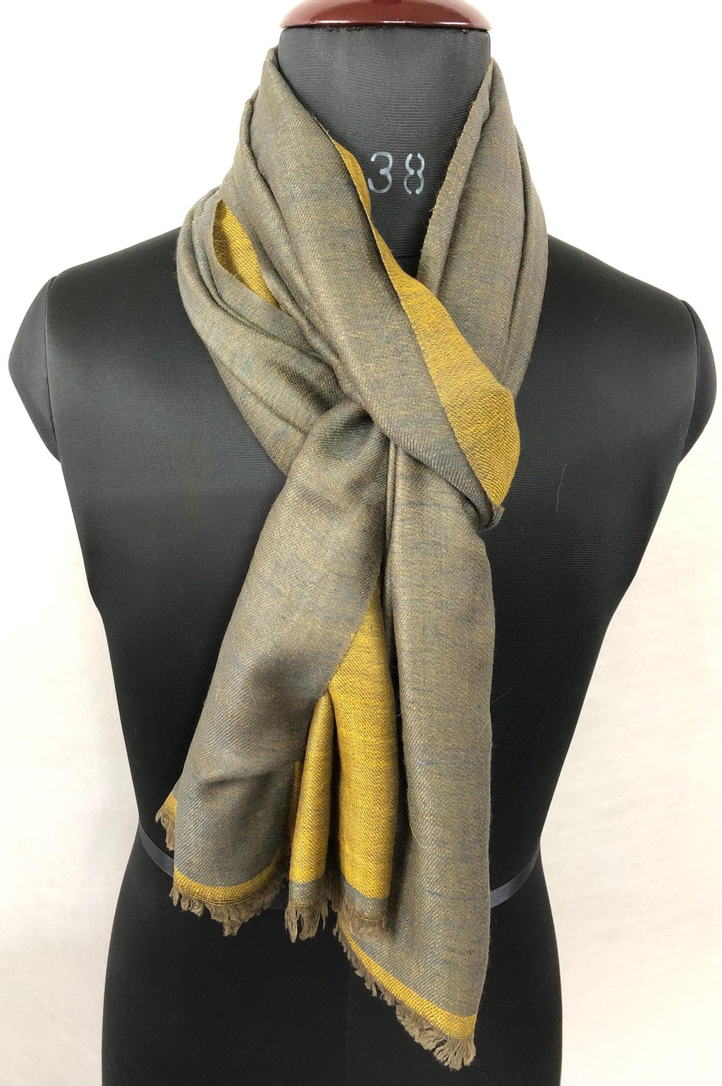 Mustard gold and charcoal grey Reversible Handmade Real Cashmere Pashmina Scarf - Mehraj Crafts 