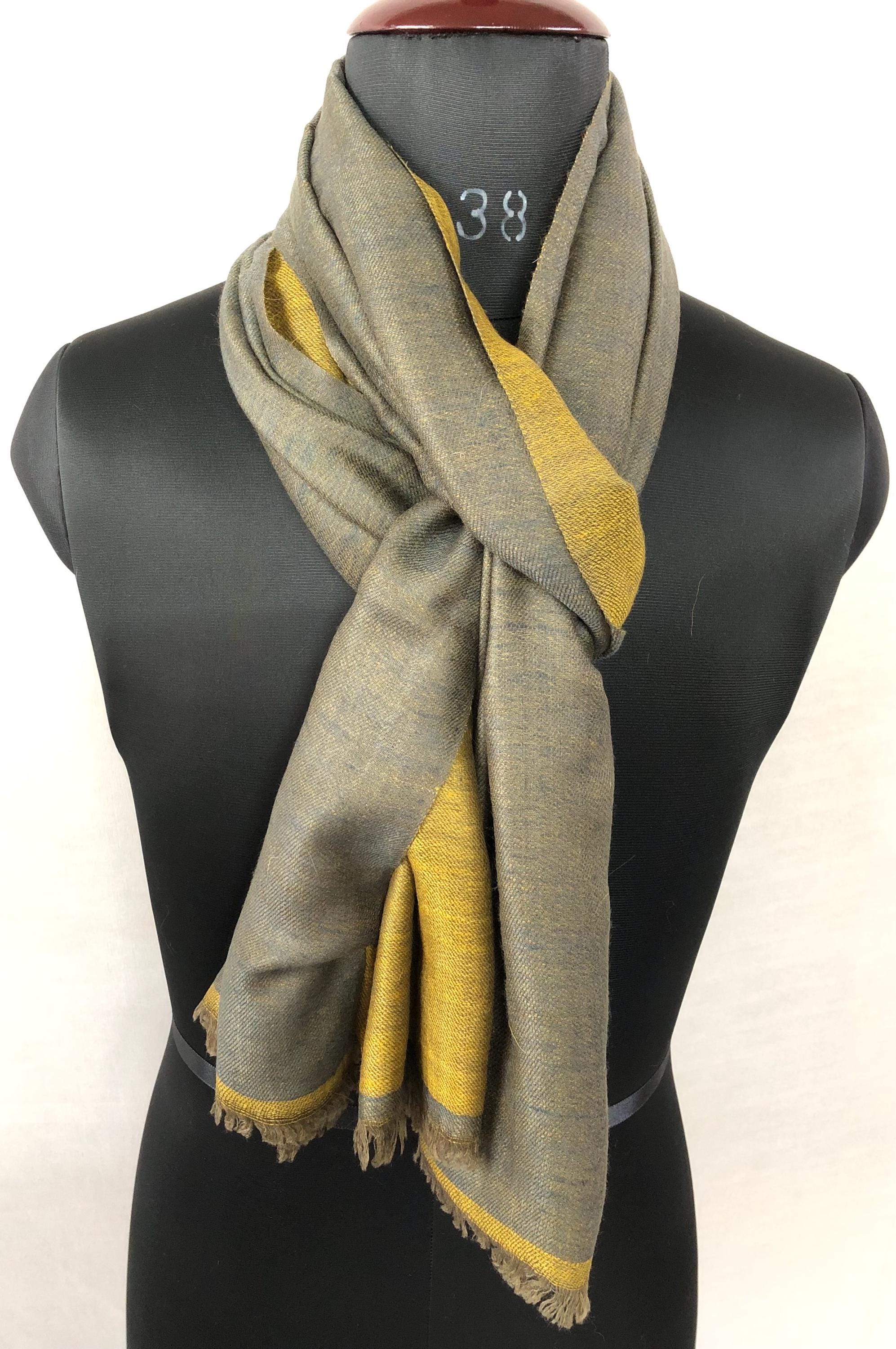 Mustard gold and charcoal grey Reversible Handmade Real Cashmere Pashmina Scarf - Mehraj Crafts 