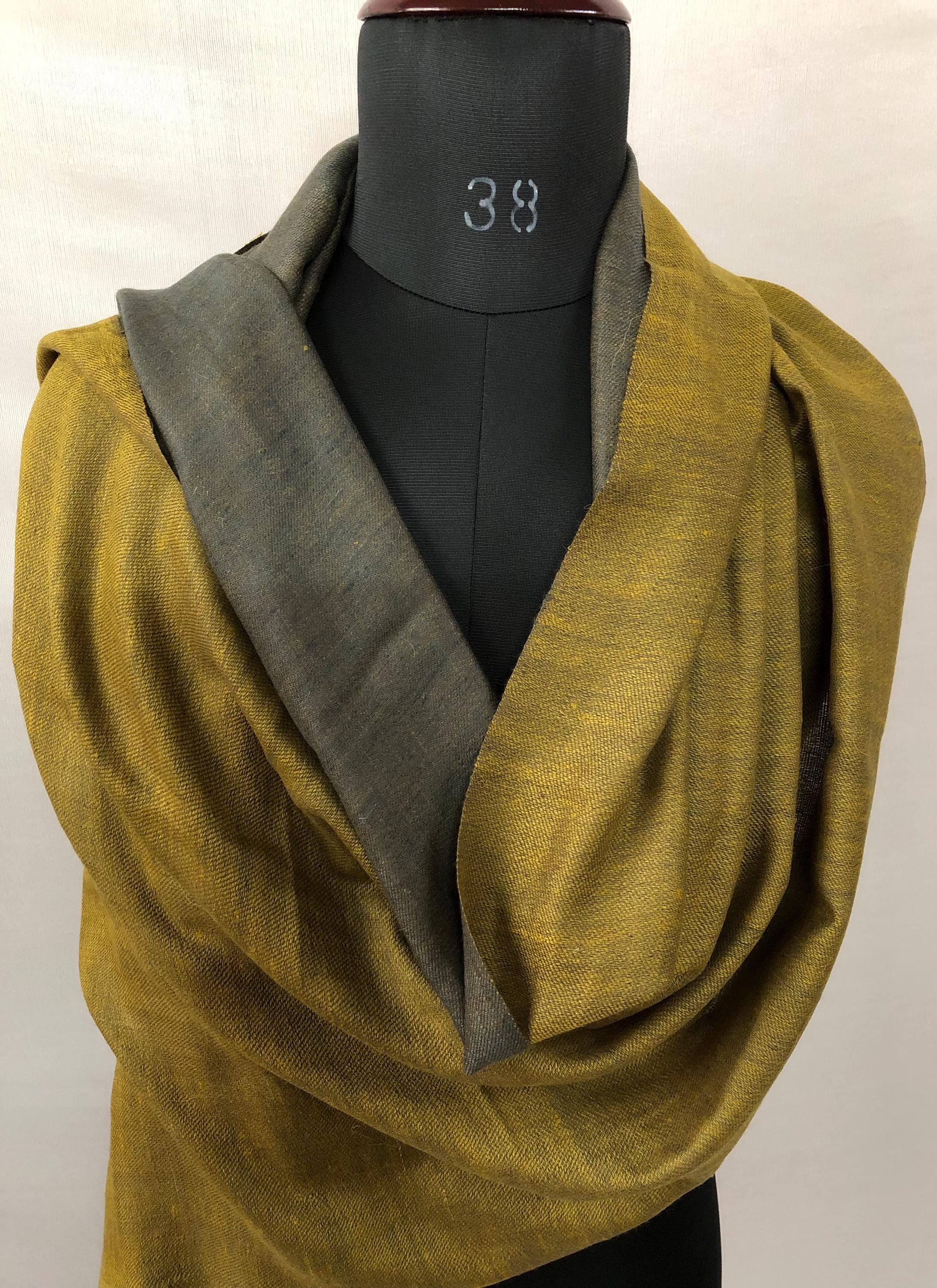 Mustard gold and charcoal grey Reversible Handmade Real Cashmere Pashmina Scarf - Mehraj Crafts 