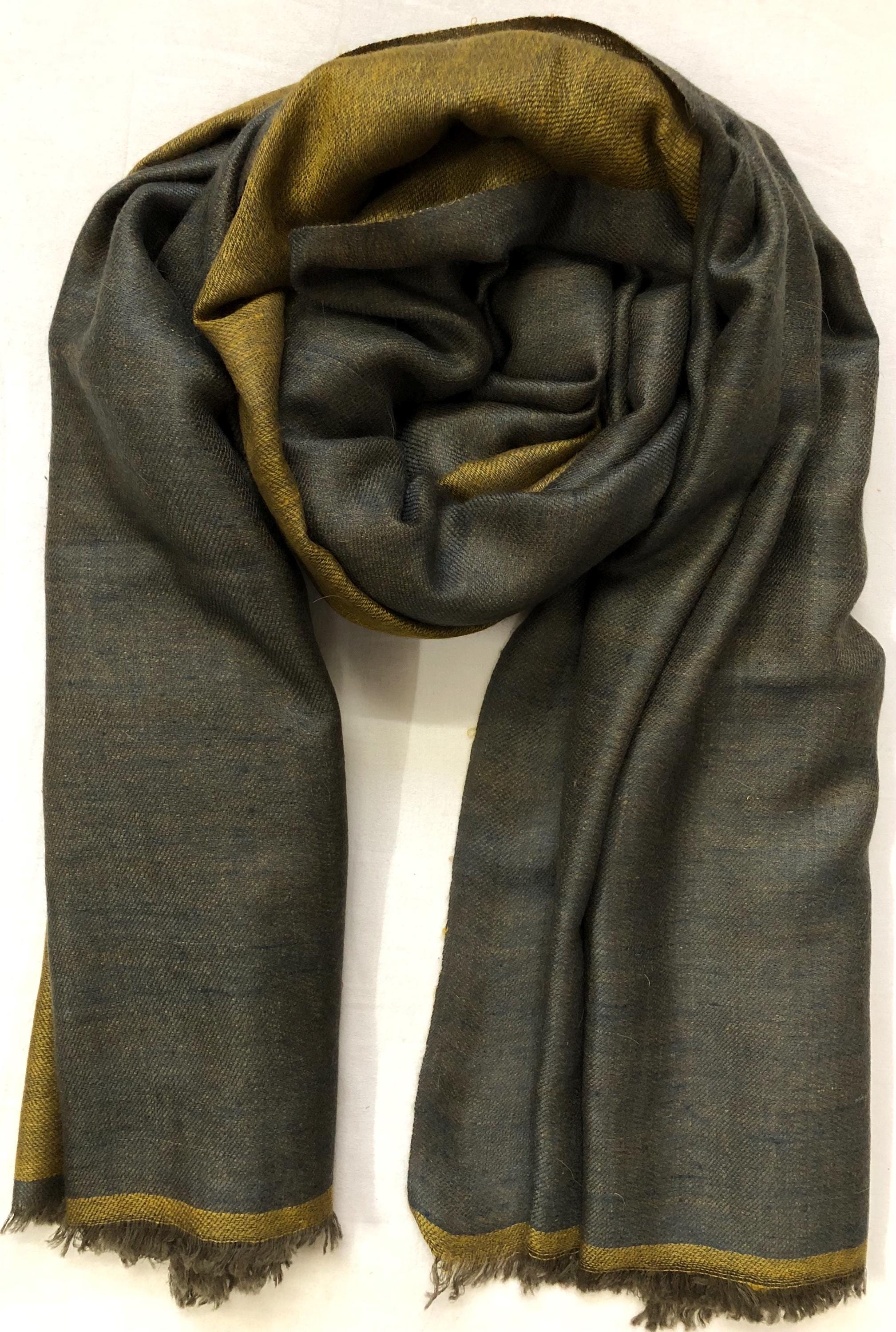 Mustard gold and charcoal grey Reversible Handmade Real Cashmere Pashmina Scarf - Mehraj Crafts 