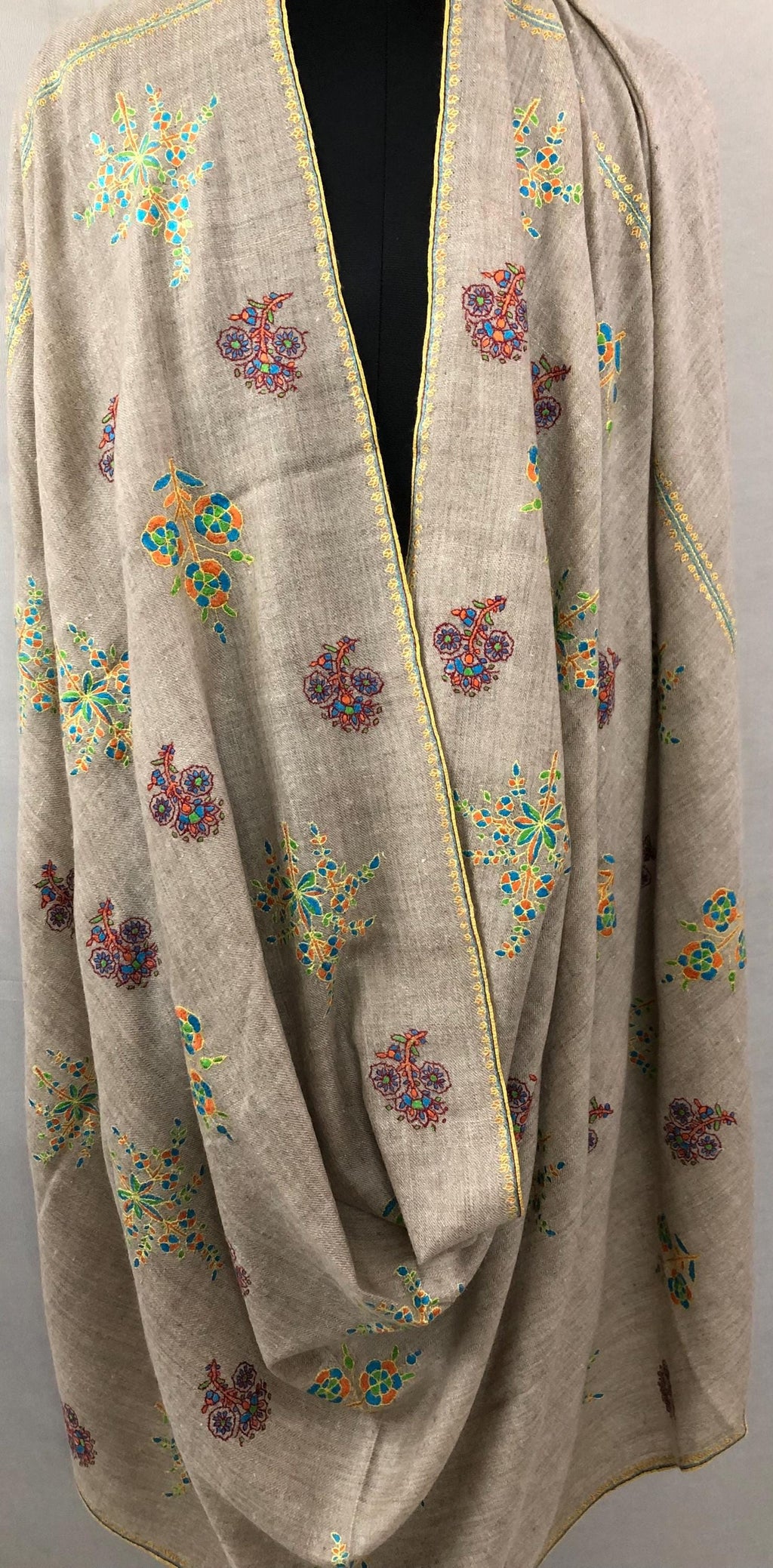 Exclusive Natural Kashmir pashmina GI certified hand spun handwoven floral super micro fine embroidered winter shawl - Mehraj Crafts 