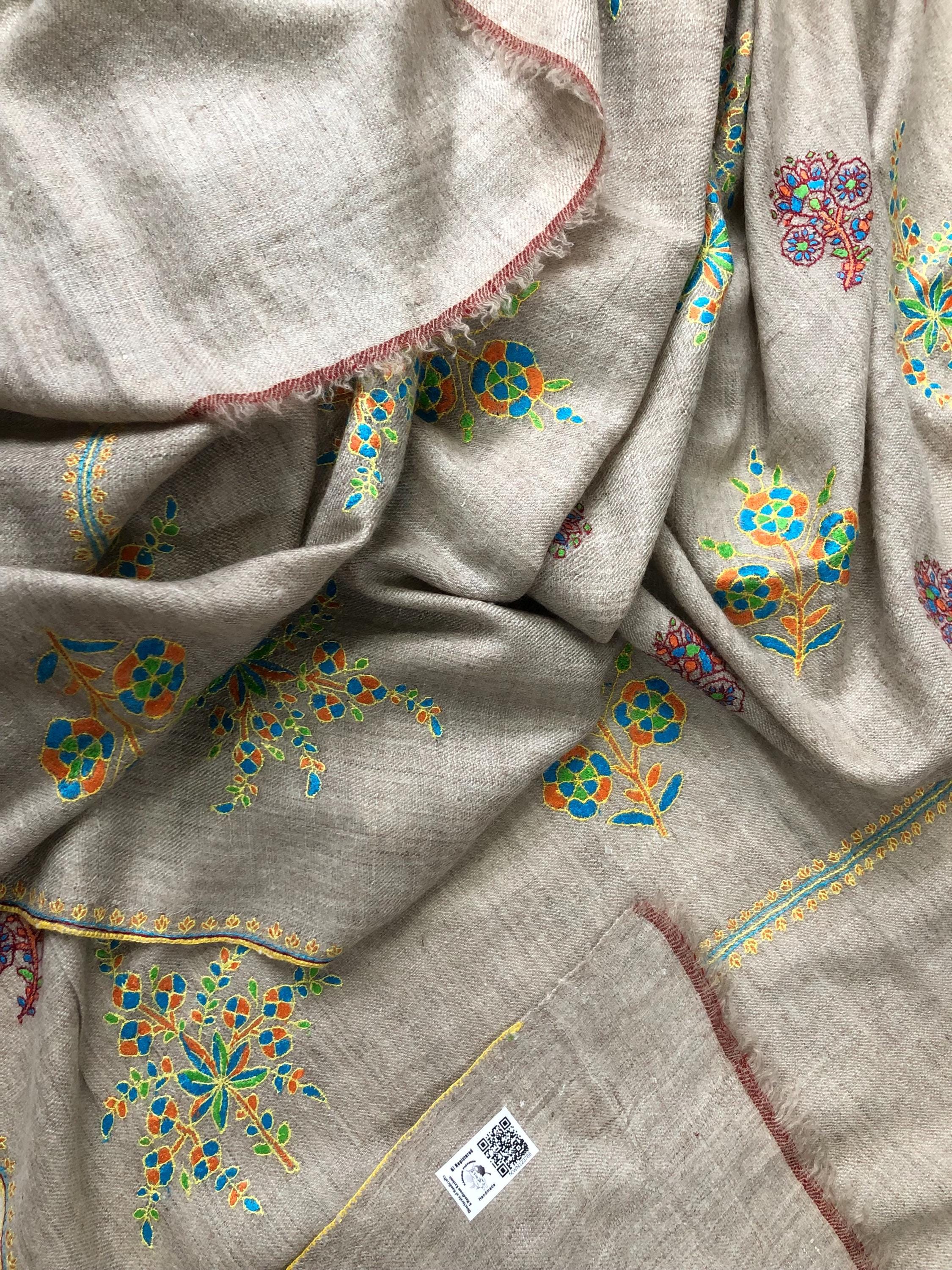 Exclusive Natural Kashmir pashmina GI certified hand spun handwoven floral super micro fine embroidered winter shawl - Mehraj Crafts 