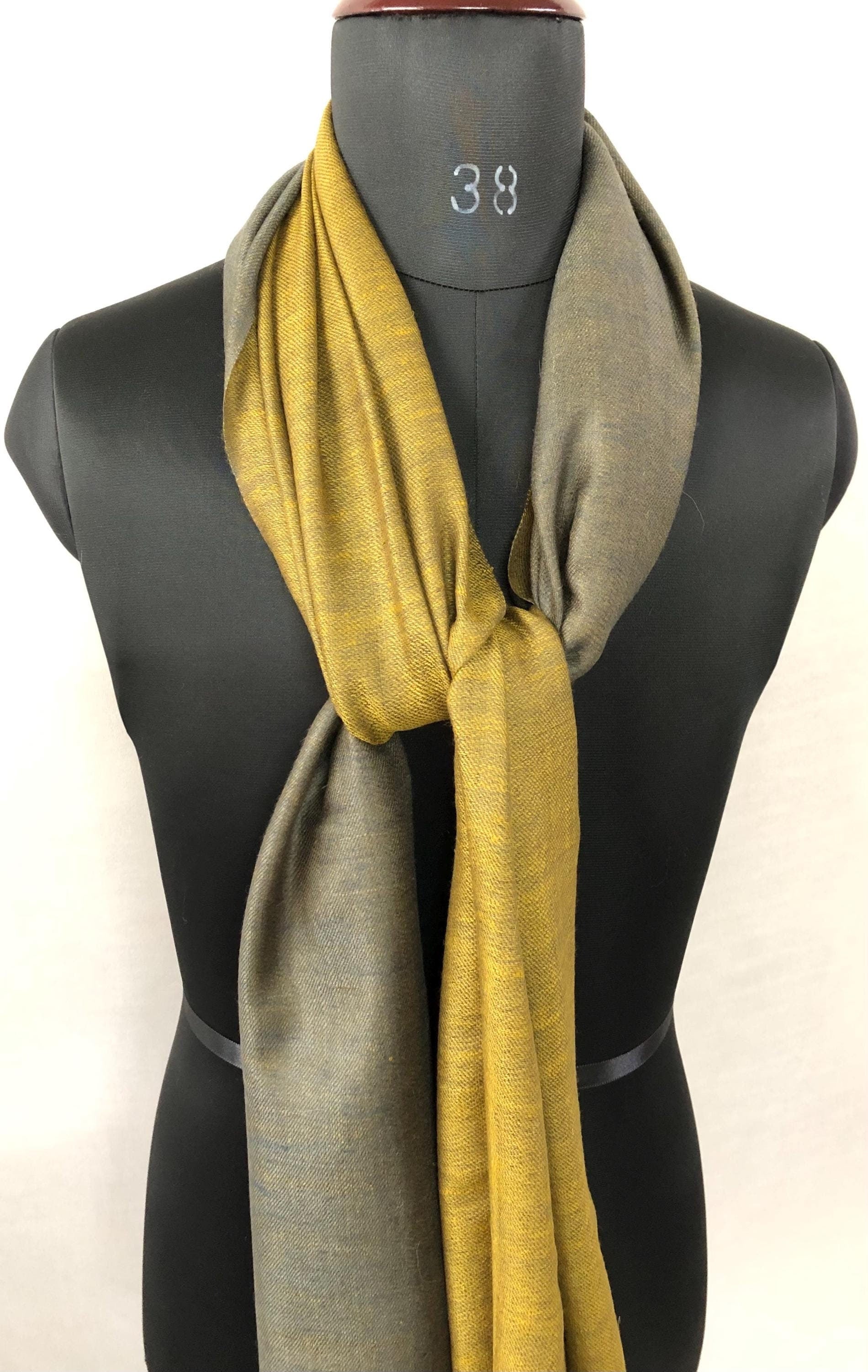 Mustard gold and charcoal grey Reversible Handmade Real Cashmere Pashmina Scarf - Mehraj Crafts 