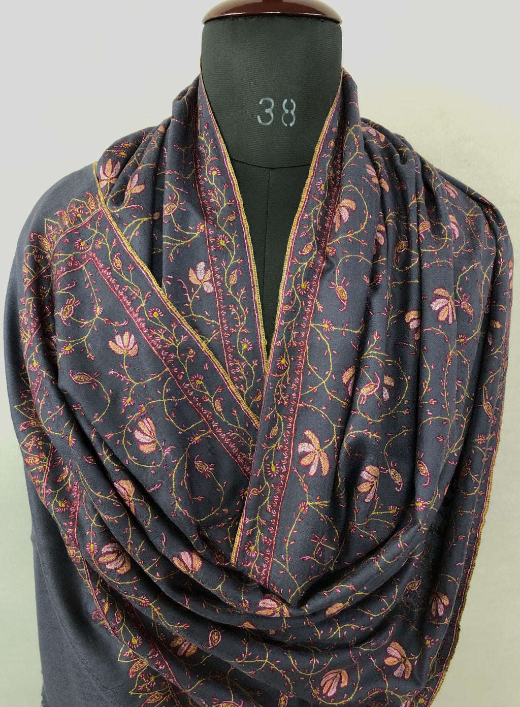 Charcoal gray maple jaal GI pashmina embroidered scarf, Indian shawl, women scarf, luxury, nikkah, festival,  pashmina scarf - Mehraj Crafts 