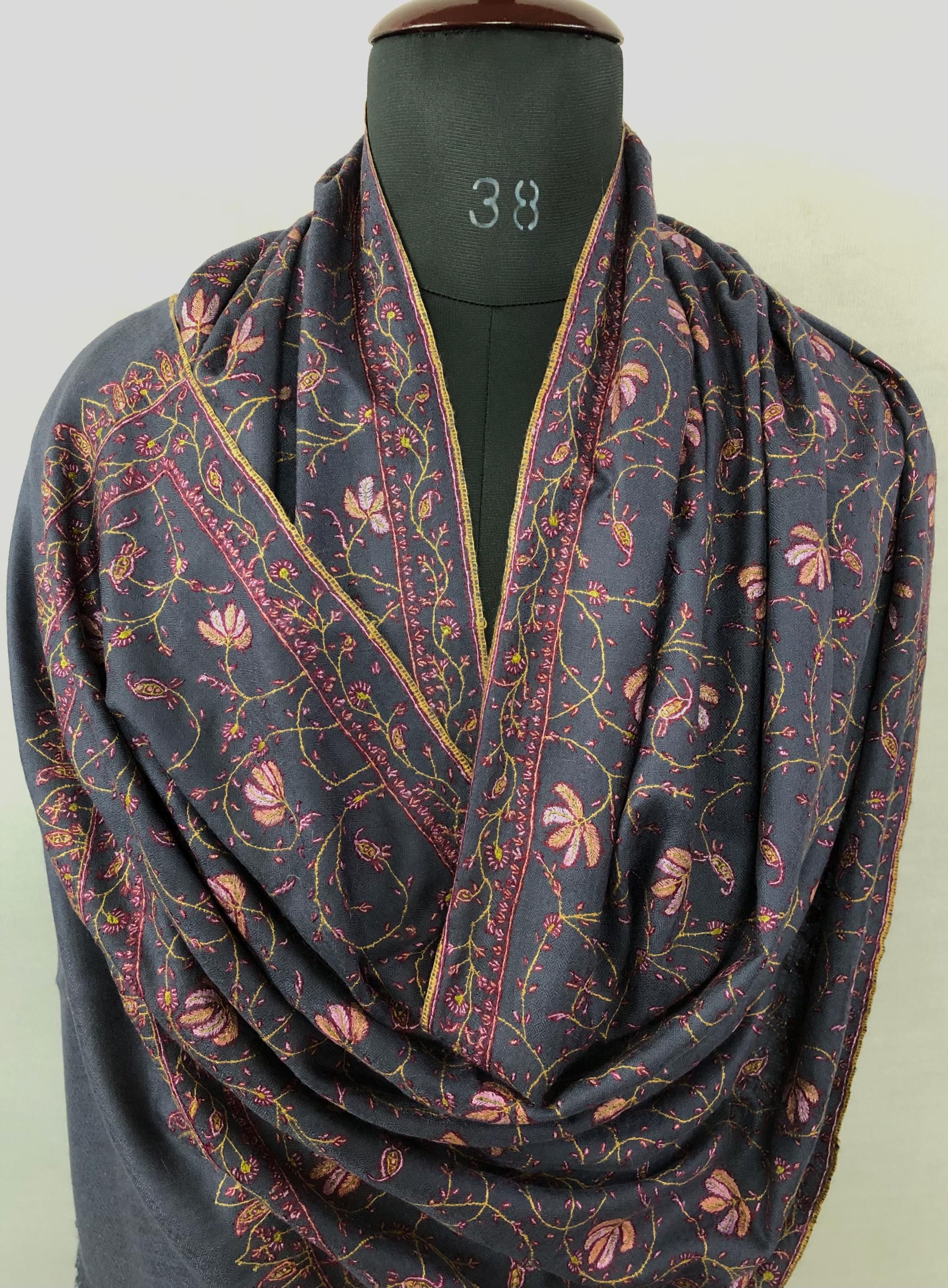 Charcoal gray maple jaal GI pashmina embroidered scarf, Indian shawl, women scarf, luxury, nikkah, festival,  pashmina scarf - Mehraj Crafts 