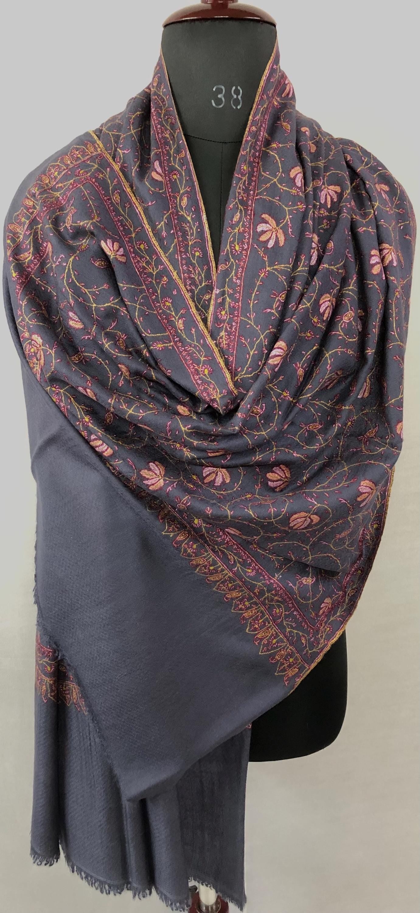 Charcoal Gray Pashmina Scarf: Hand-Embroidered Maple Jaal Design