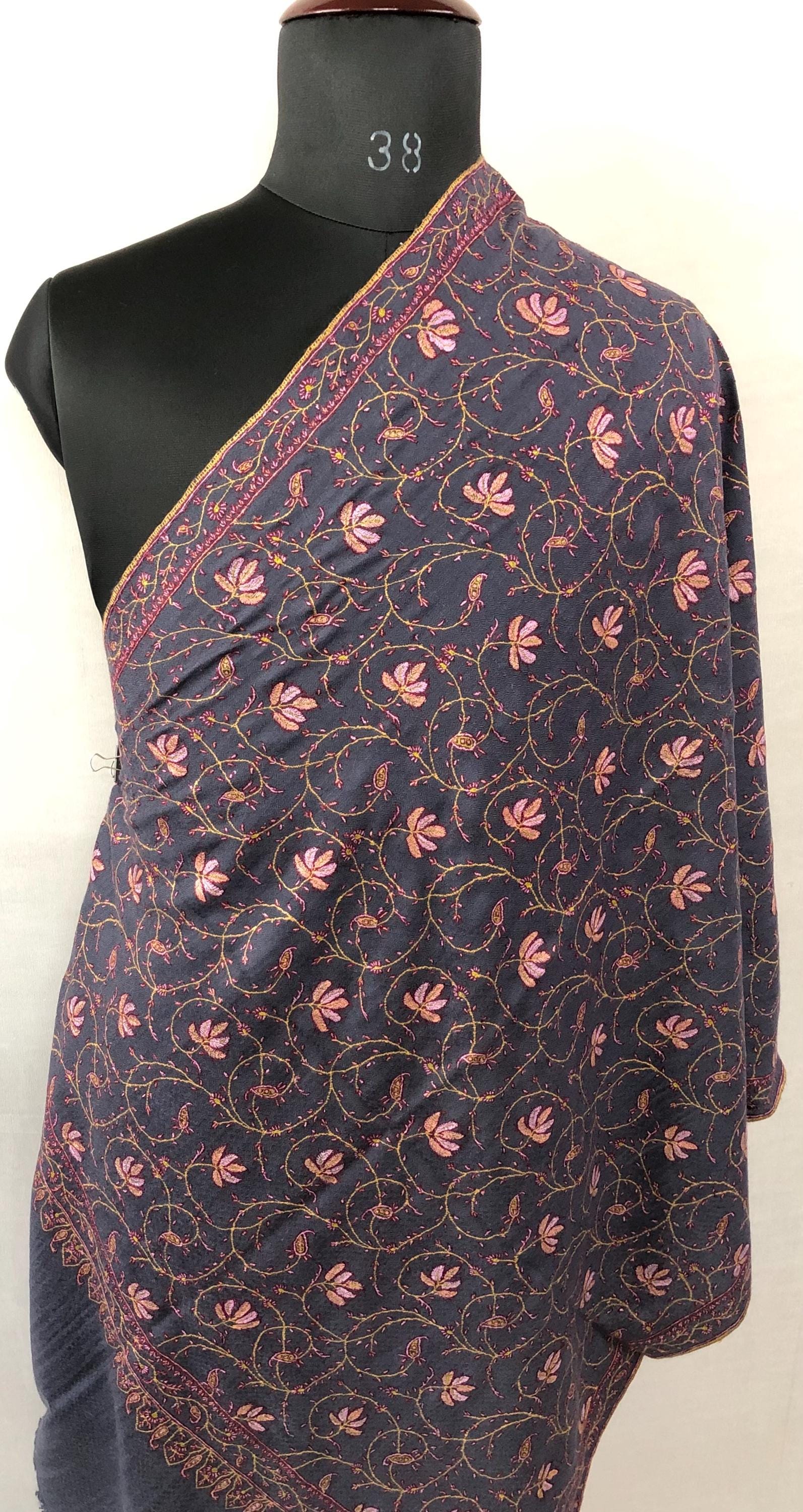 Charcoal Gray Pashmina Scarf: Hand-Embroidered Maple Jaal Design