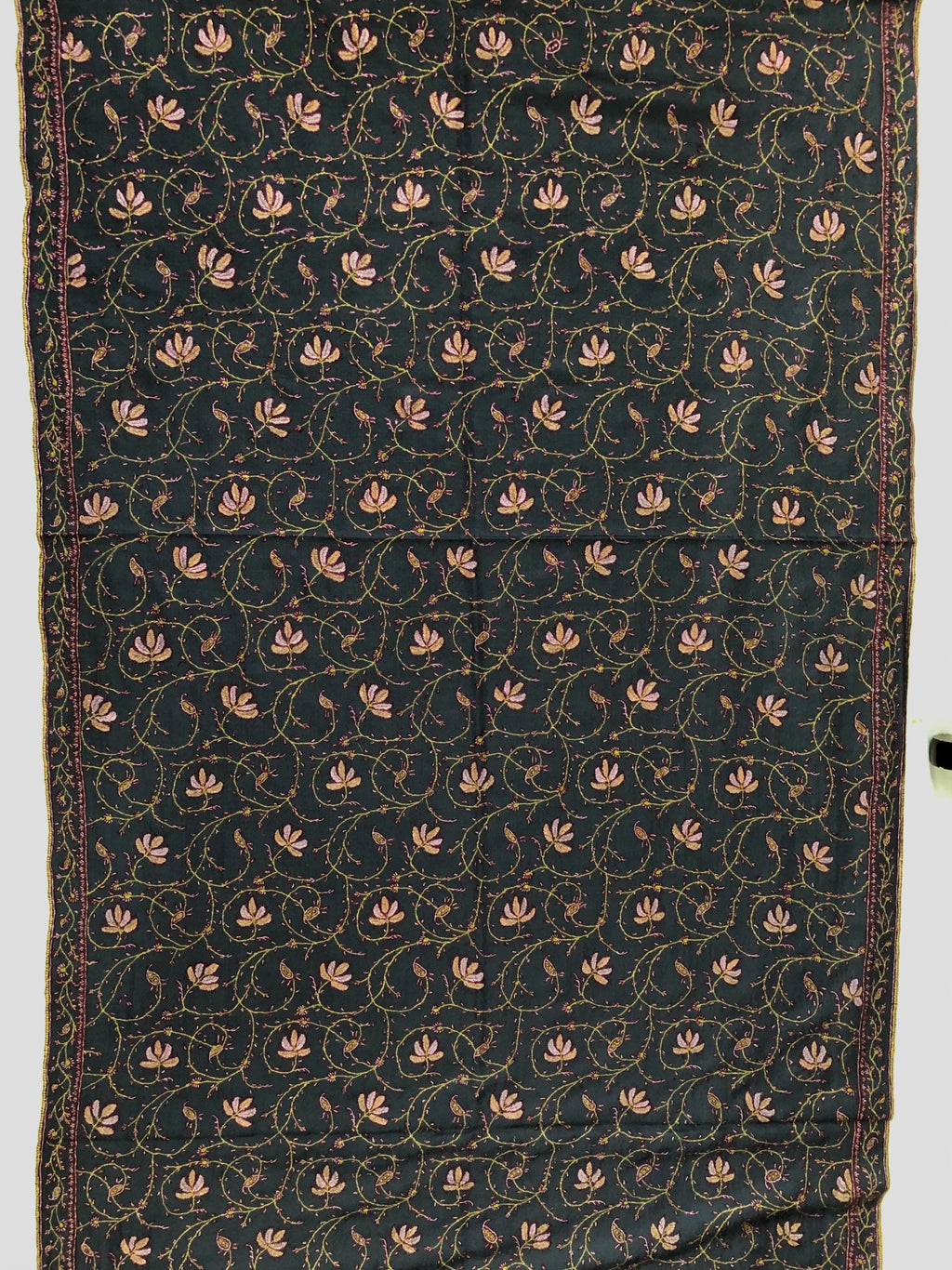 Charcoal Gray Pashmina Scarf: Hand-Embroidered Maple Jaal Design