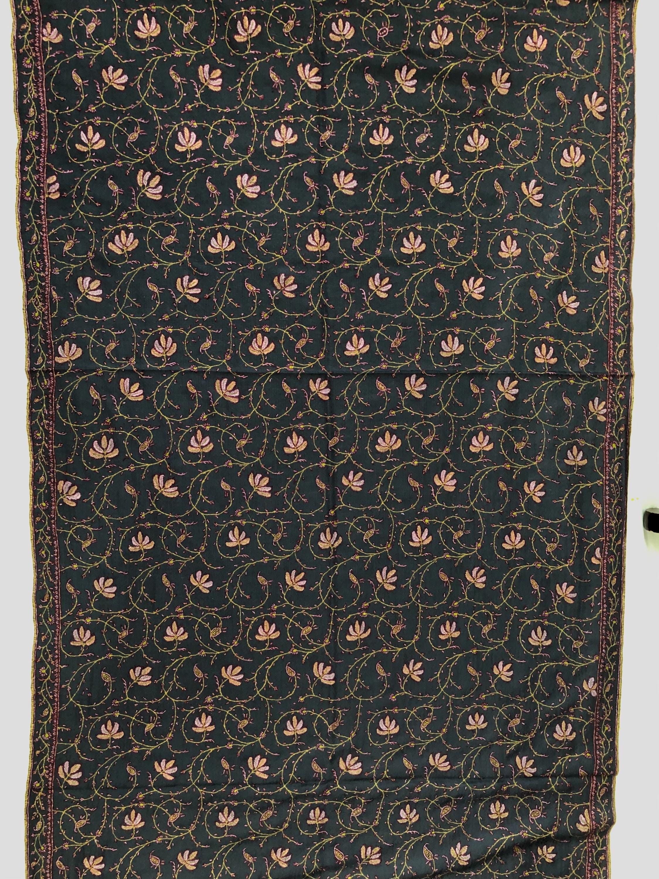 Charcoal Gray Pashmina Scarf: Hand-Embroidered Maple Jaal Design